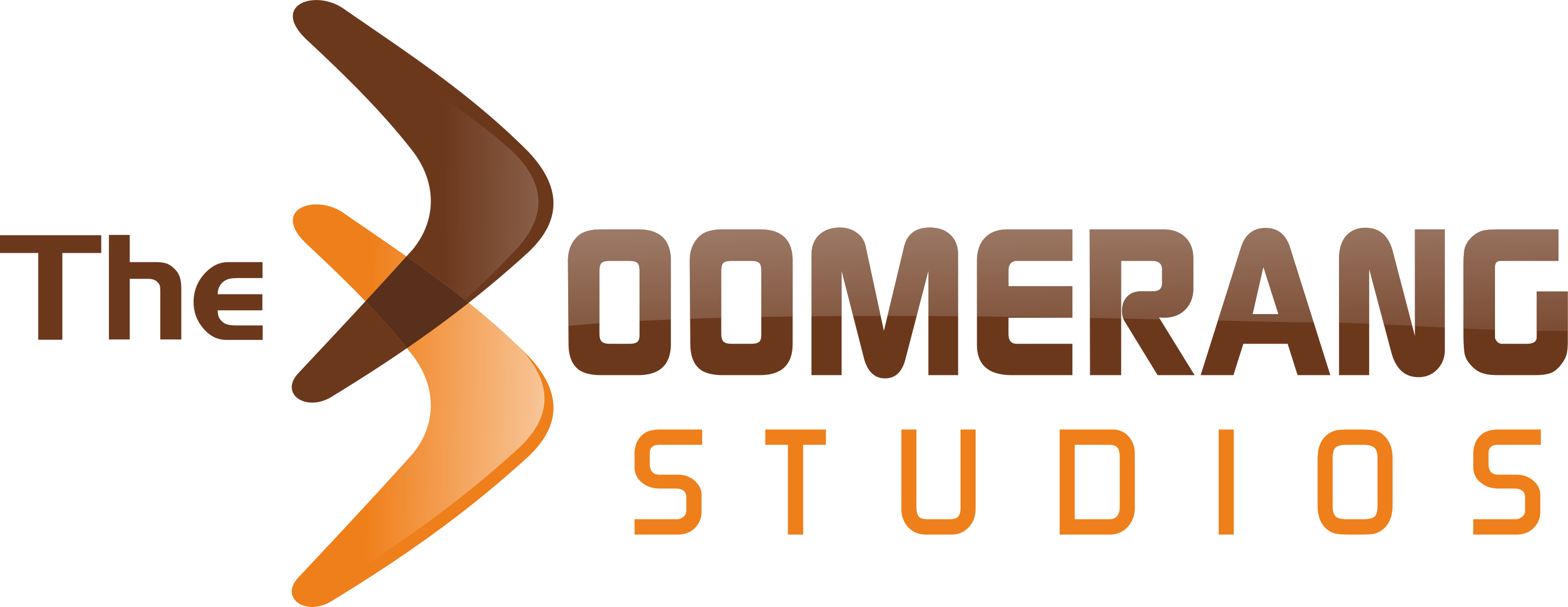 Boomerang Studios 標誌 壁紙 — The Boomerang Studios 的時尚標誌，以棕色和橙色的風格化迴力鏢為特色，背景為白色。