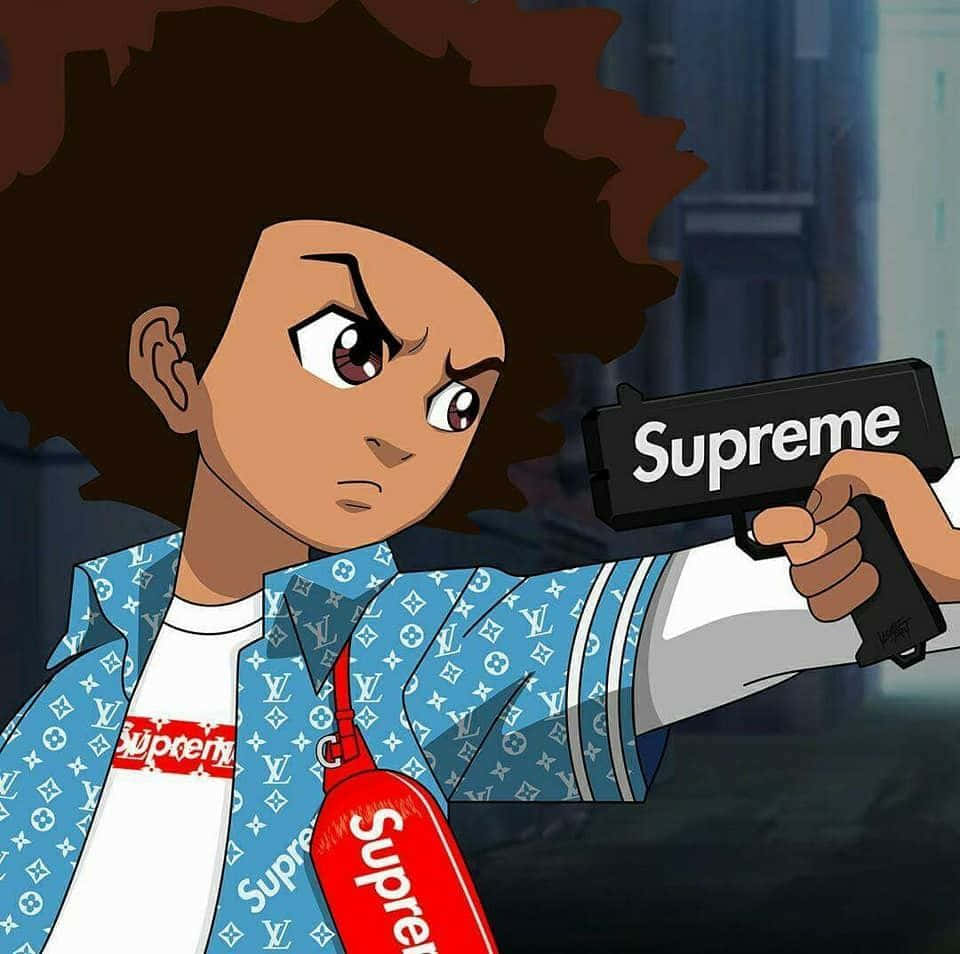 穿著 Supreme 和 Louis Vuitton 裝備的動漫角色，手持 Supreme 品牌槍支。