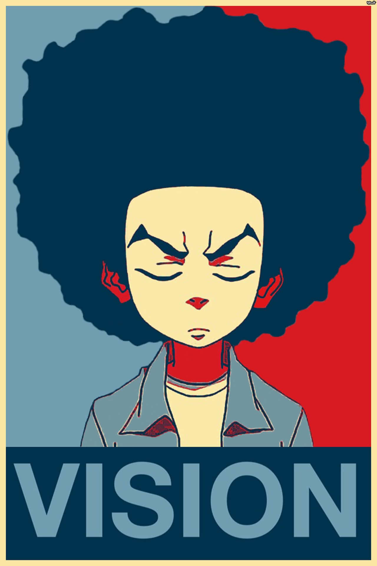 Boondocks Bape 精緻設計 — 準備展現個人風格！ 壁紙 — 一張風格化海報，描繪一個擁有大型非洲式爆炸頭和憤怒表情的人物，背景分為藍色和紅色，下方有「VISION」字樣。