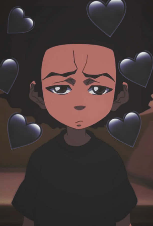 《Boondocks》——充滿樂趣與歡樂的冒險 壁紙 — 一個悲傷的動漫小孩，黑髮，頭部周圍漂浮著半透明的心形。