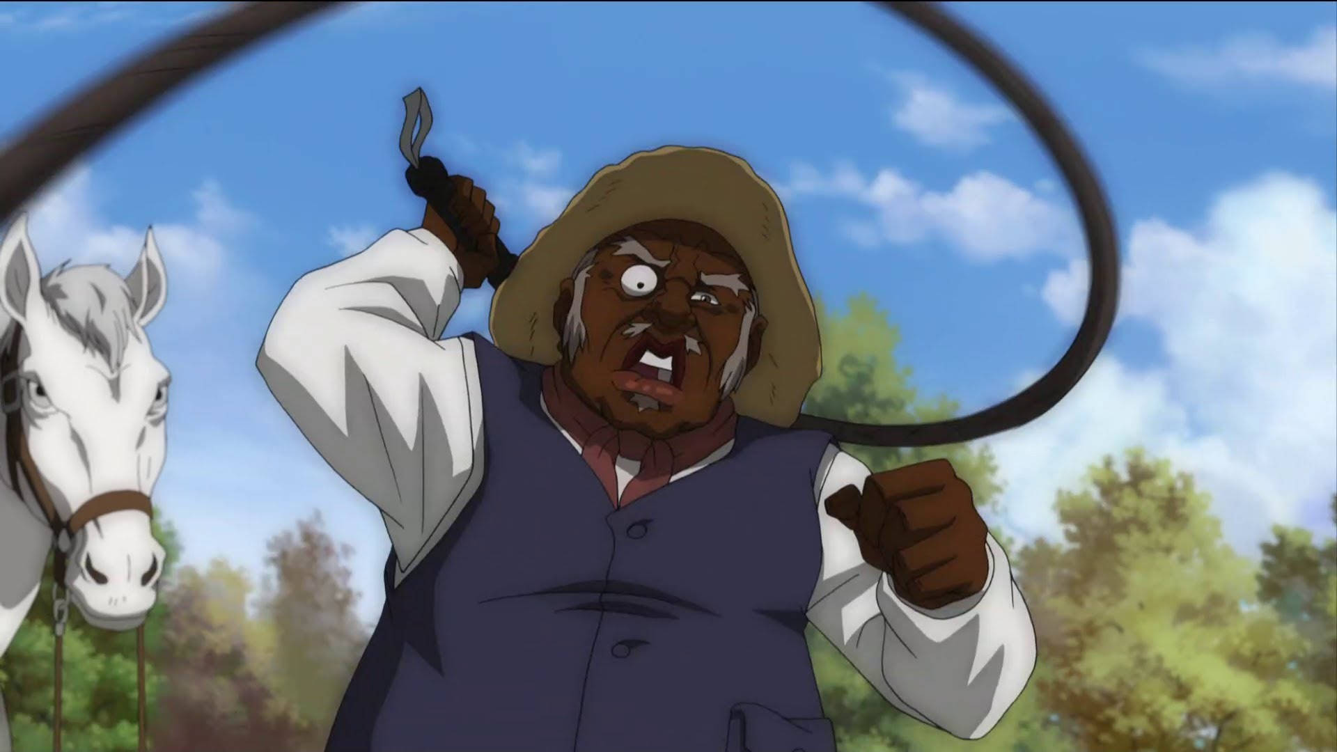 《Boondocks》叔叔拉克斯全速狀態 壁紙 — 一個動畫牛仔，拿著鞭子和一匹白馬，在明亮的藍天下，有蓬鬆的雲朵。