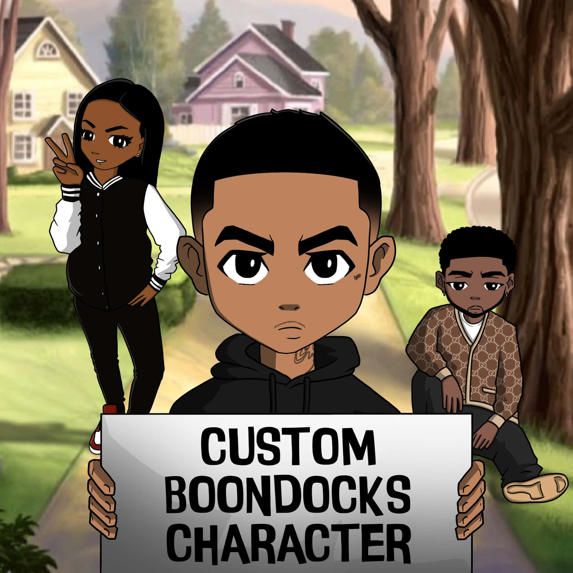 三個卡通人物在一個郊區庭院，其中一個舉著寫有 custom boondocks character 的牌子