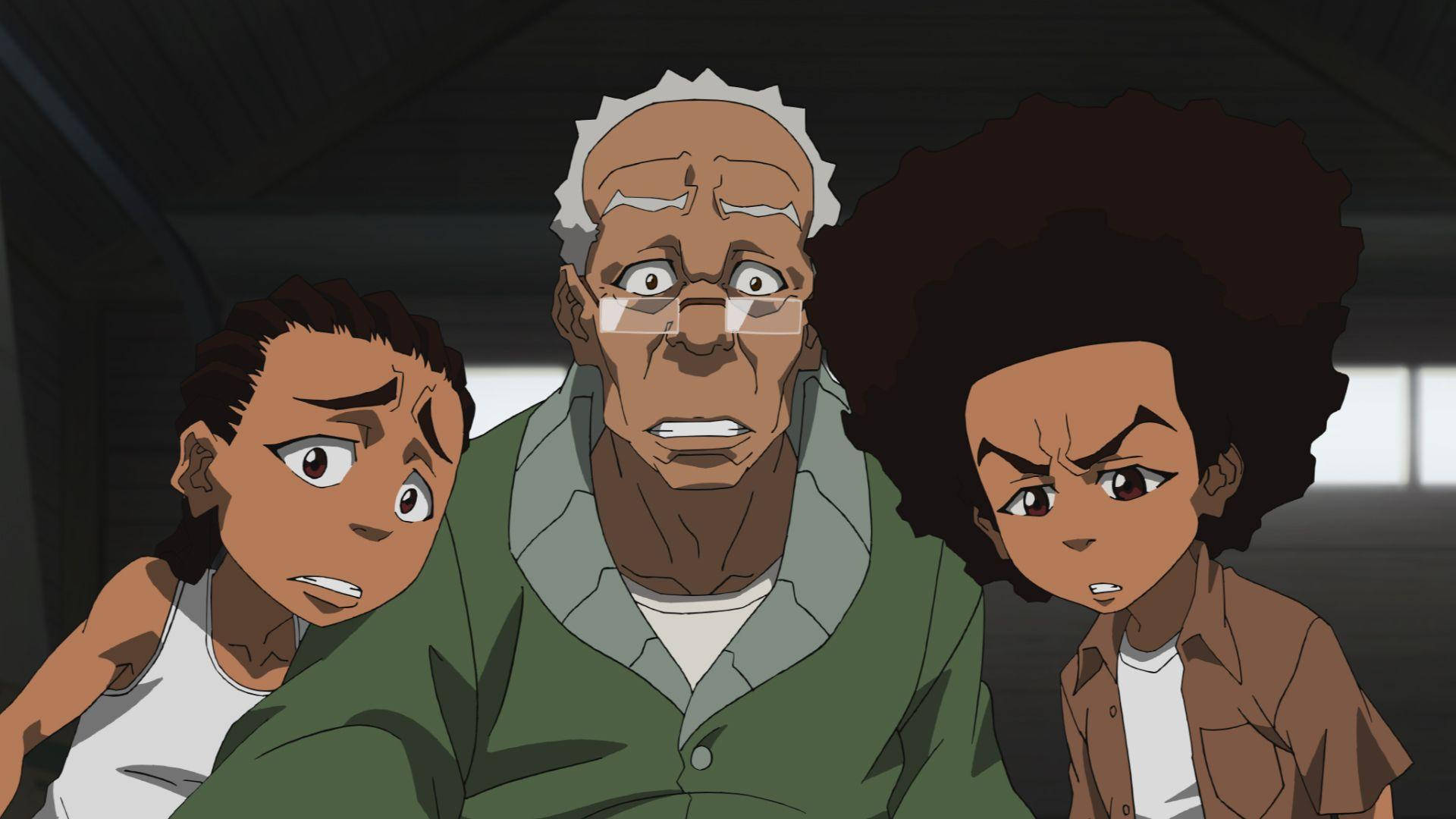 《Boondocks》弗里曼家族 壁紙 — 三個動畫角色帶著憂慮的表情，在昏暗的房間裡緊靠在一起。