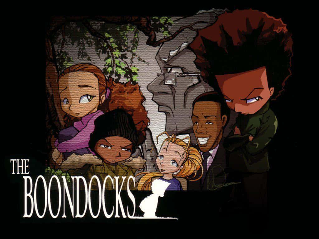《Boondocks》——從不同角度體驗無政府主義 壁紙 — 一幅風格化的卡通插圖，描繪了布恩德克斯一家站在樹林地區，背景是洞穴。