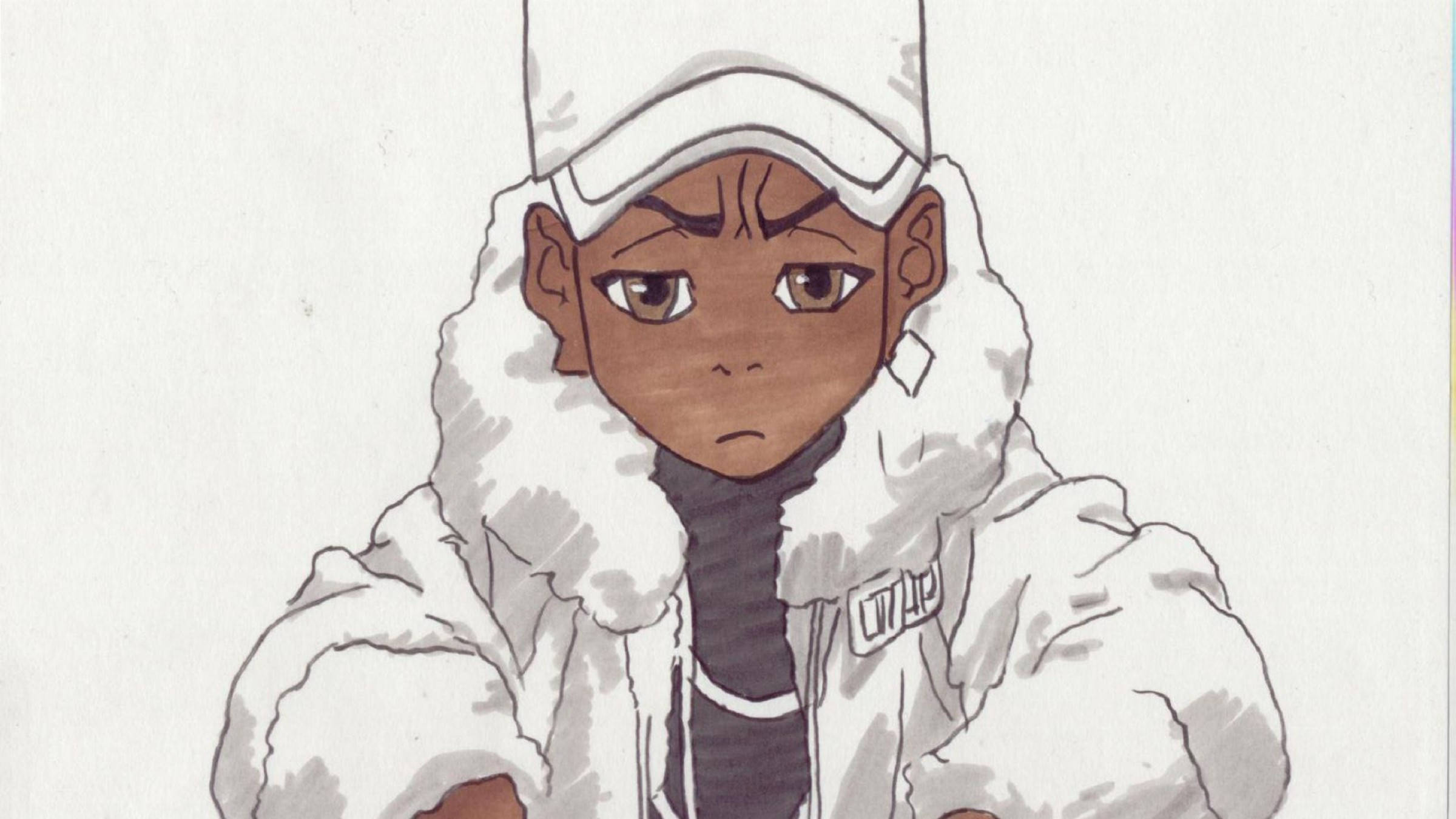 《Boondocks》瑞利極簡藝術 壁紙 — 一個年輕的動漫角色，深色皮膚，穿著白色毛領外套和帽子，在純色背景前表情嚴肅。