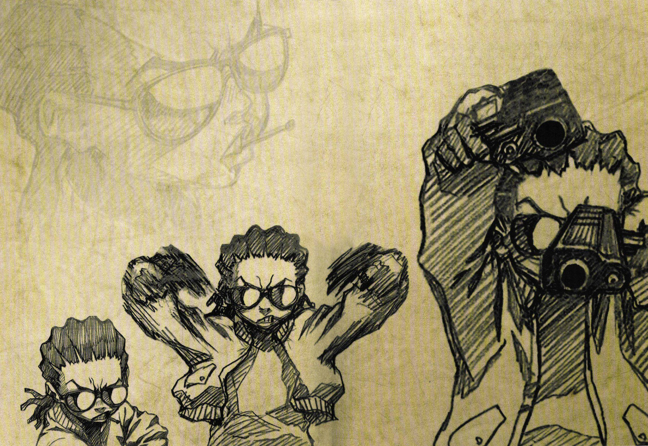 《Boondocks》瑞利素描 壁紙 — 三個戴眼鏡的風格化動漫角色，以動態姿勢在舊羊皮紙上素描。