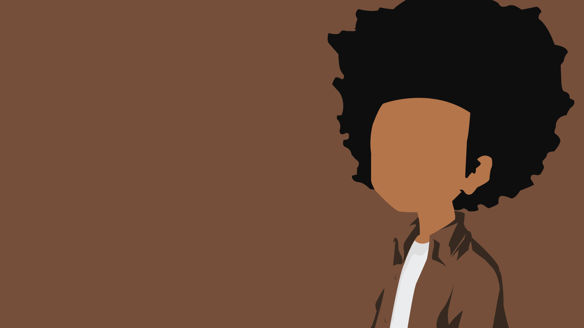 《Boondocks》胡伊·弗里曼向量藝術 壁紙 — 一個極簡插圖，描繪一個擁有大型非洲式髮型的人，側面輪廓，背景為純棕色。