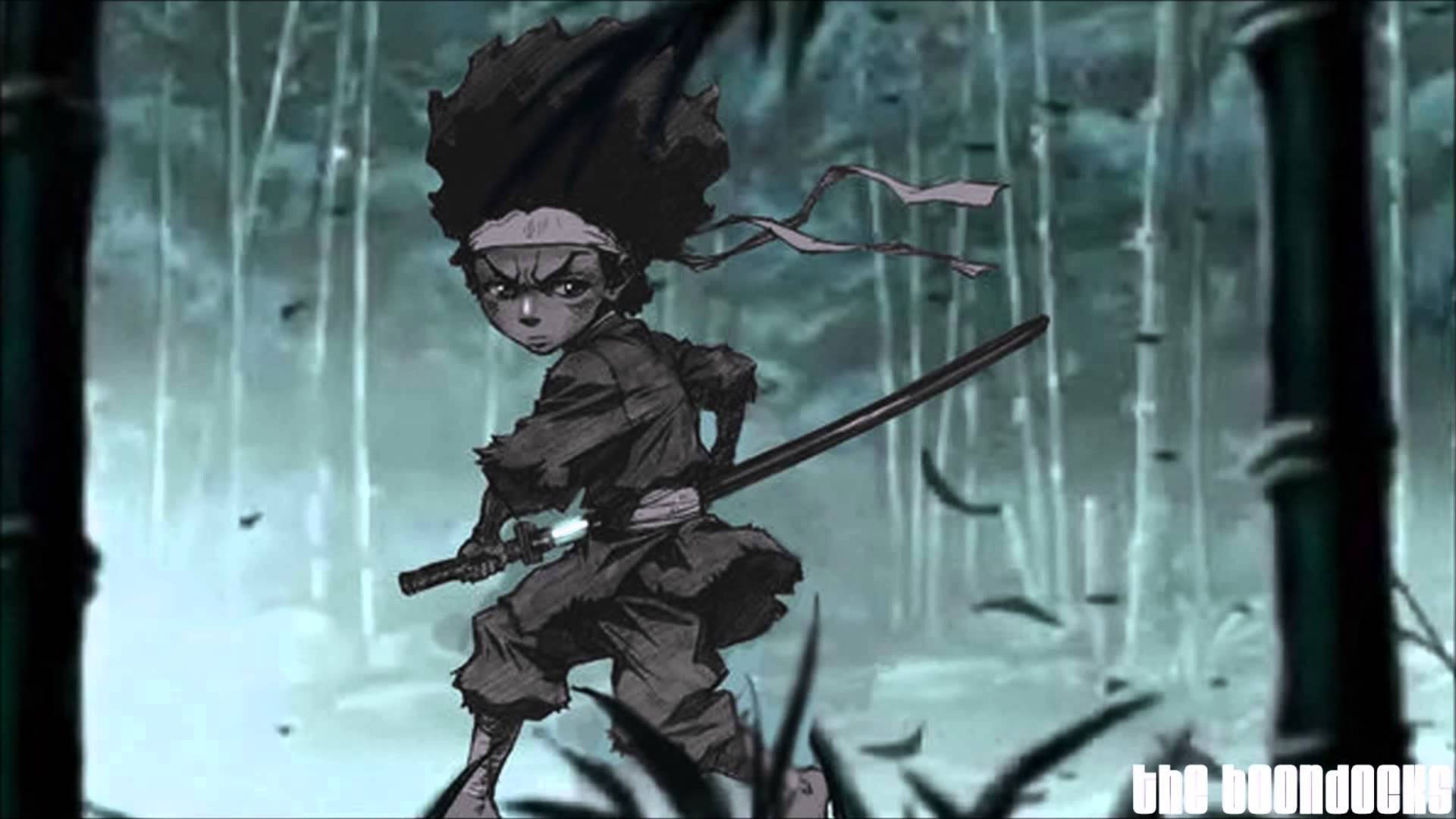 《Boondocks》胡伊武士 壁紙 — 一個決心堅定的年輕忍者，頭髮狂野，手持劍，在灰色天空下霧氣瀰漫的竹林中警覺地站著。