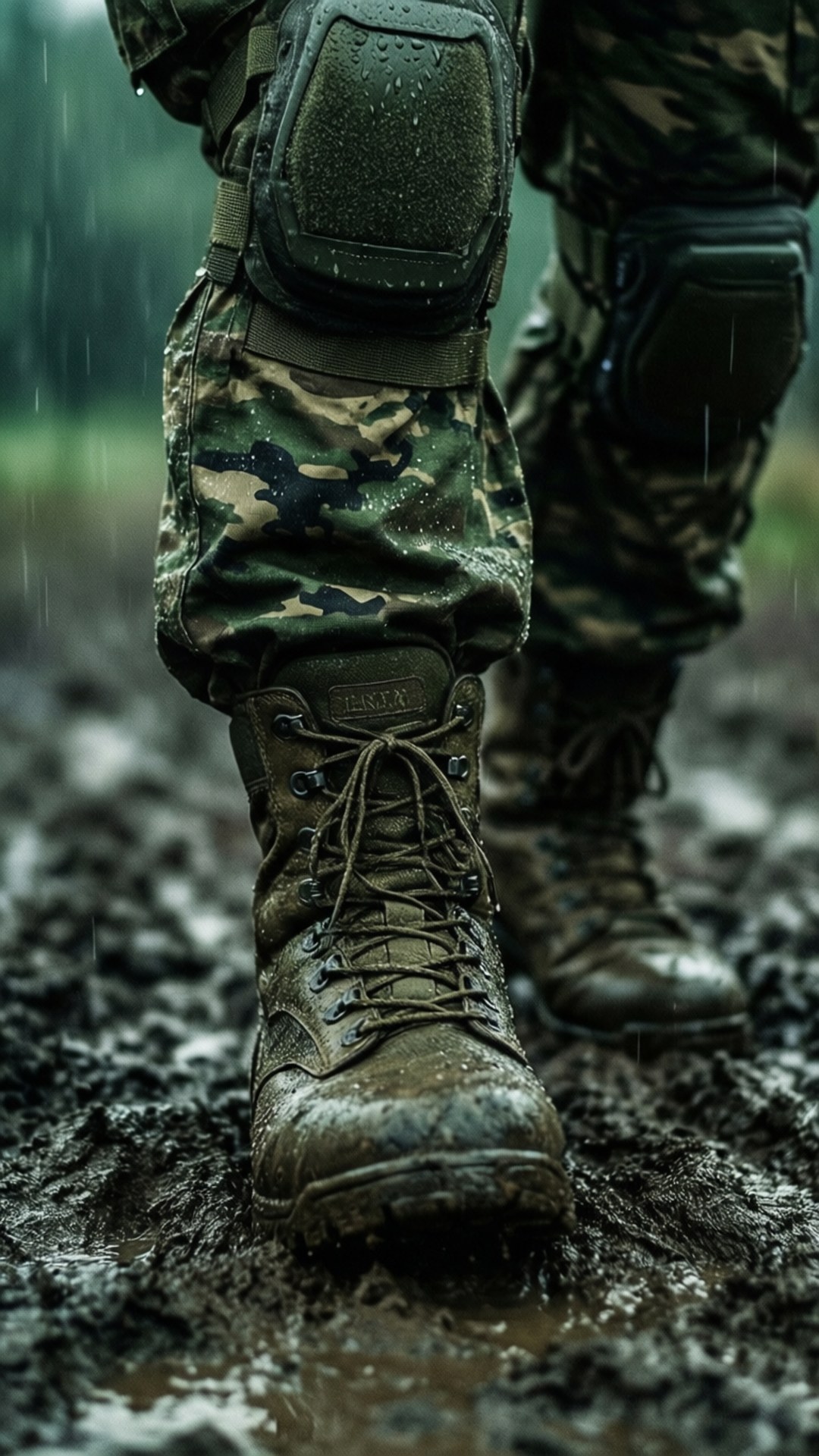 士兵在雨林地形中的泥濘靴子和迷彩褲