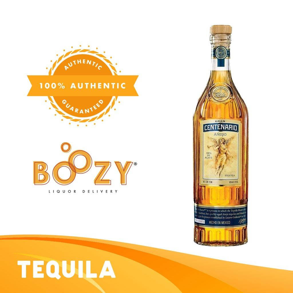 一瓶Gran Centenario Añejo龍舌蘭酒，附有真品印章和Boozy Liquor Delivery品牌標識。