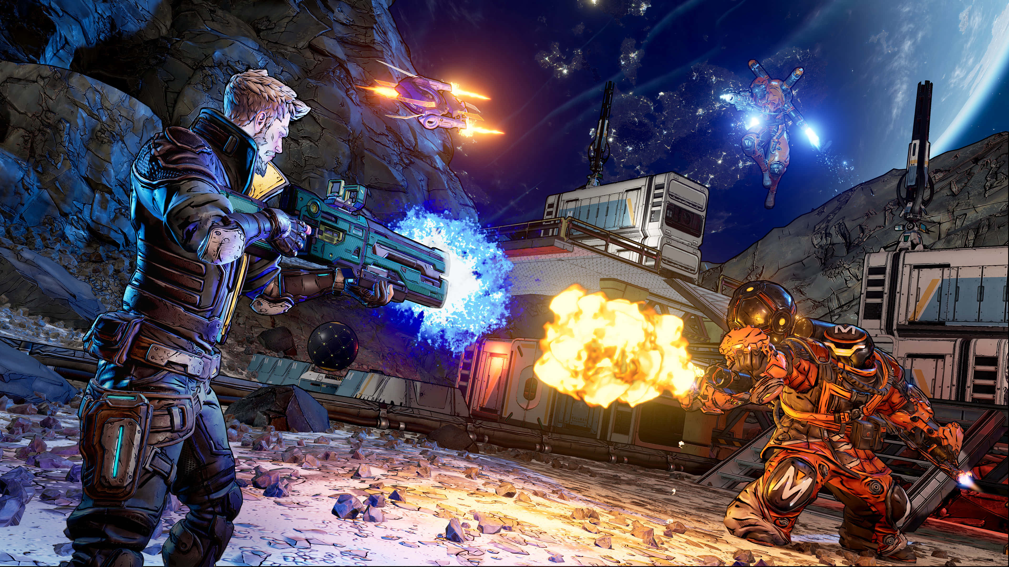 《Borderlands 3》——準備迎接挑戰！ 壁紙 — 兩名裝甲戰士在岩石外星峽谷中交戰，背景是星空、飛船和爆炸。