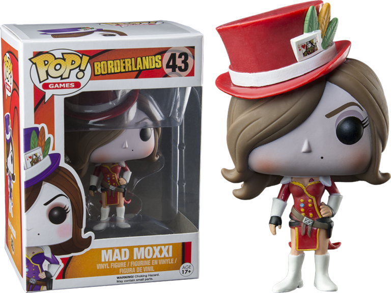 Borderlands Mad Moxxi Funko Pop 玩偶 壁紙 — 來自《邊緣禁地43》的瘋狂莫西 Funko Pop! 軟膠公仔，在黑色背景前與其彩色盒子並列。