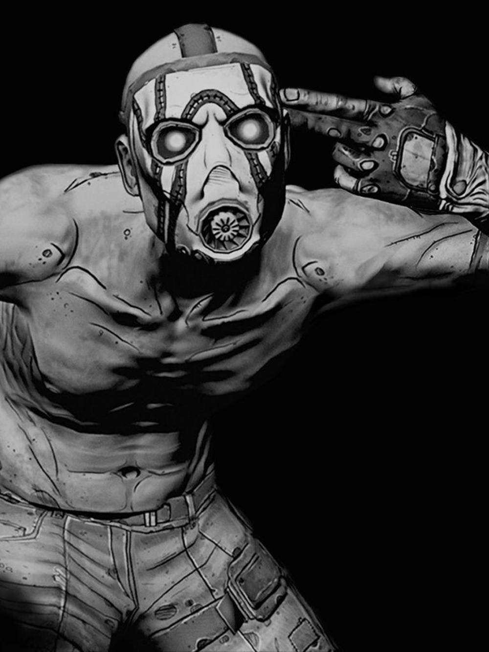 《Borderlands》iPhone 黑白角色壁紙 壁紙 — 一個肌肉發達的男人戴著防毒面具，戴著手套的手敬禮，背景是純黑色。