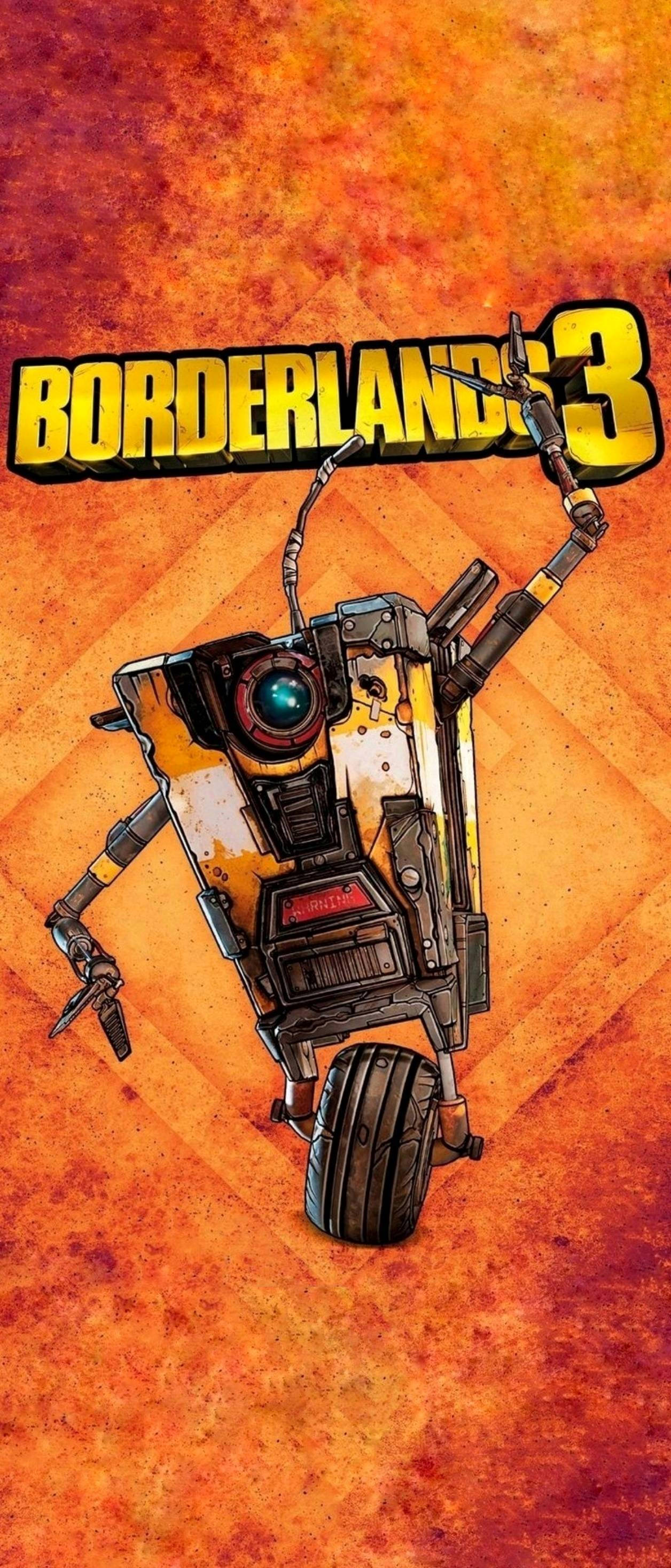《Borderlands》iPhone 克拉普特拉橙色美學 壁紙 — 來自《邊緣禁地3》的風格化機械人角色，在熾熱的橙色紋理背景上勝利地站立。