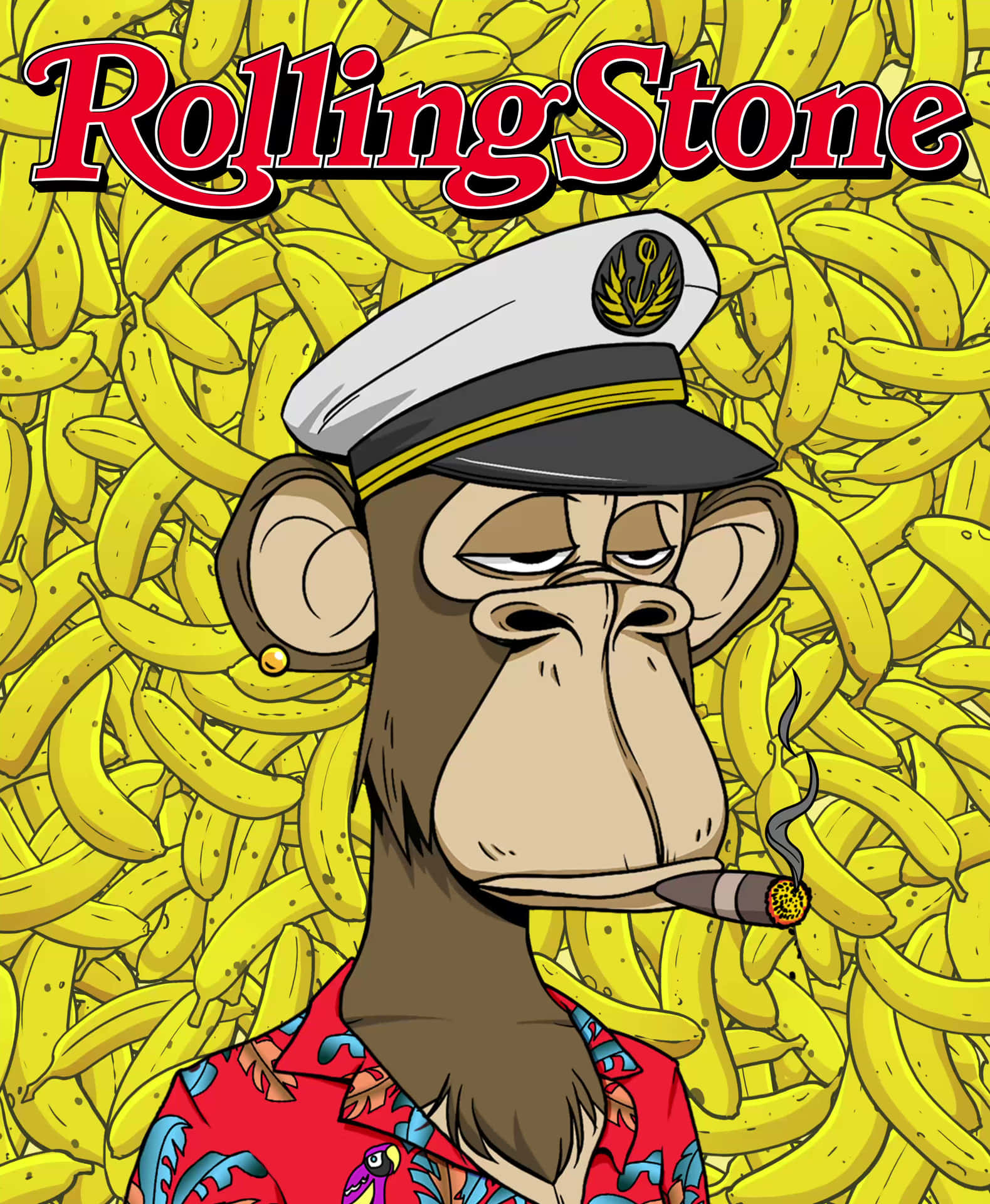 卡通猴子戴水手帽抽雪茄，被香蕉環繞，並有Rolling Stone標誌。