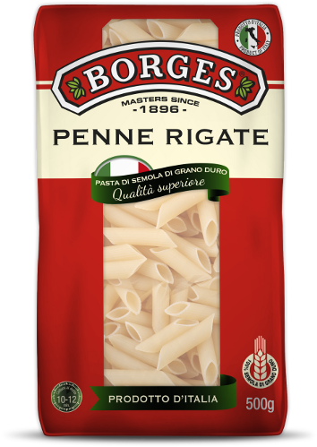 Borges Penne Rigate 意麵 500g 包裝 壁紙 — 一包鮮紅色的Borges Penne Rigate意粉，透明窗口顯示內裡的淡黃色筆管麵。