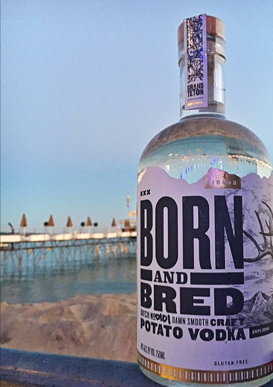 Born And Bred羅斯科·謝爾頓 壁紙 — 一瓶清澈的 Born and Bred 馬鈴薯伏特加放在欄杆上，俯瞰著平靜的海灘，沙灘上有遮陽傘和海水，天空柔和湛藍。