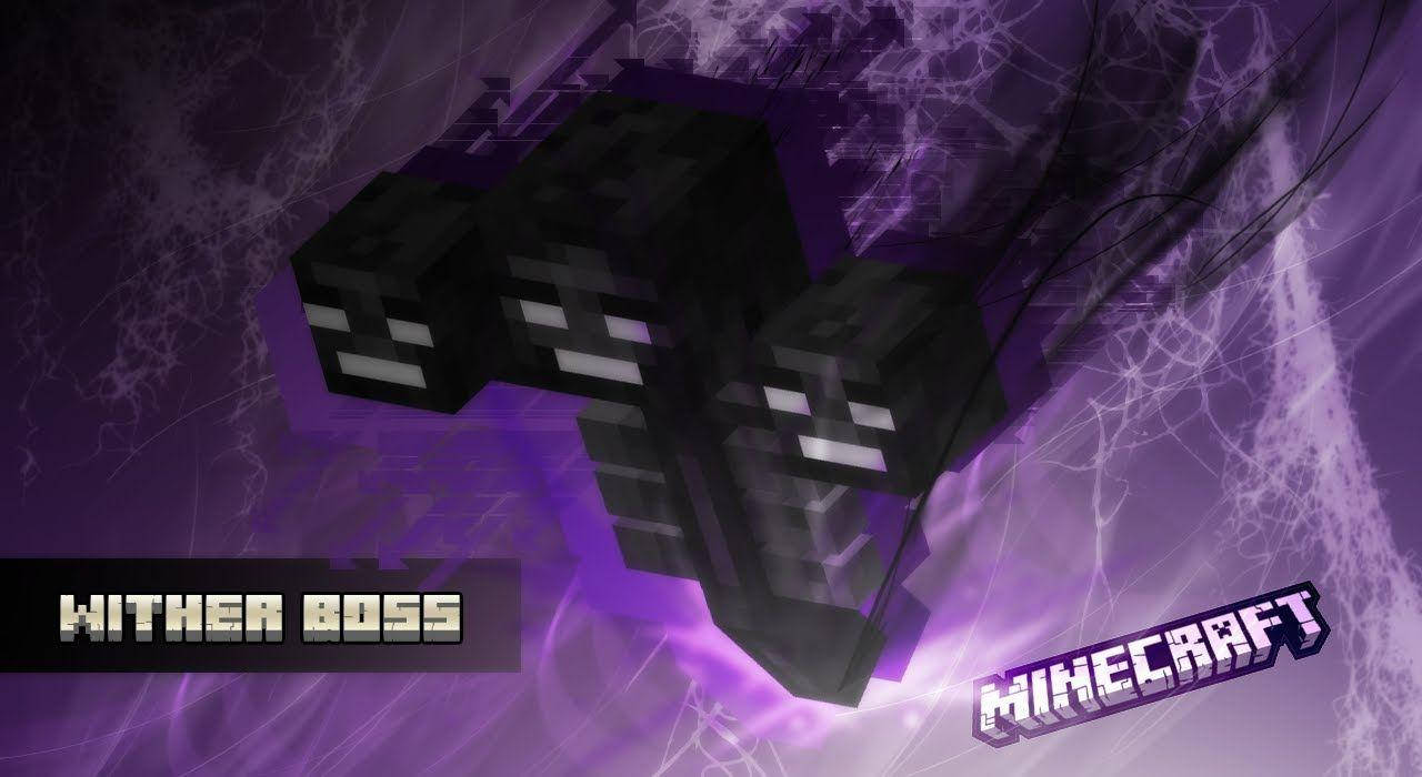 風暴凋零Boss 壁紙 — 一個來自Minecraft的威脅性像素化凋零 Boss 漂浮在旋轉的紫色暴風雨背景上。