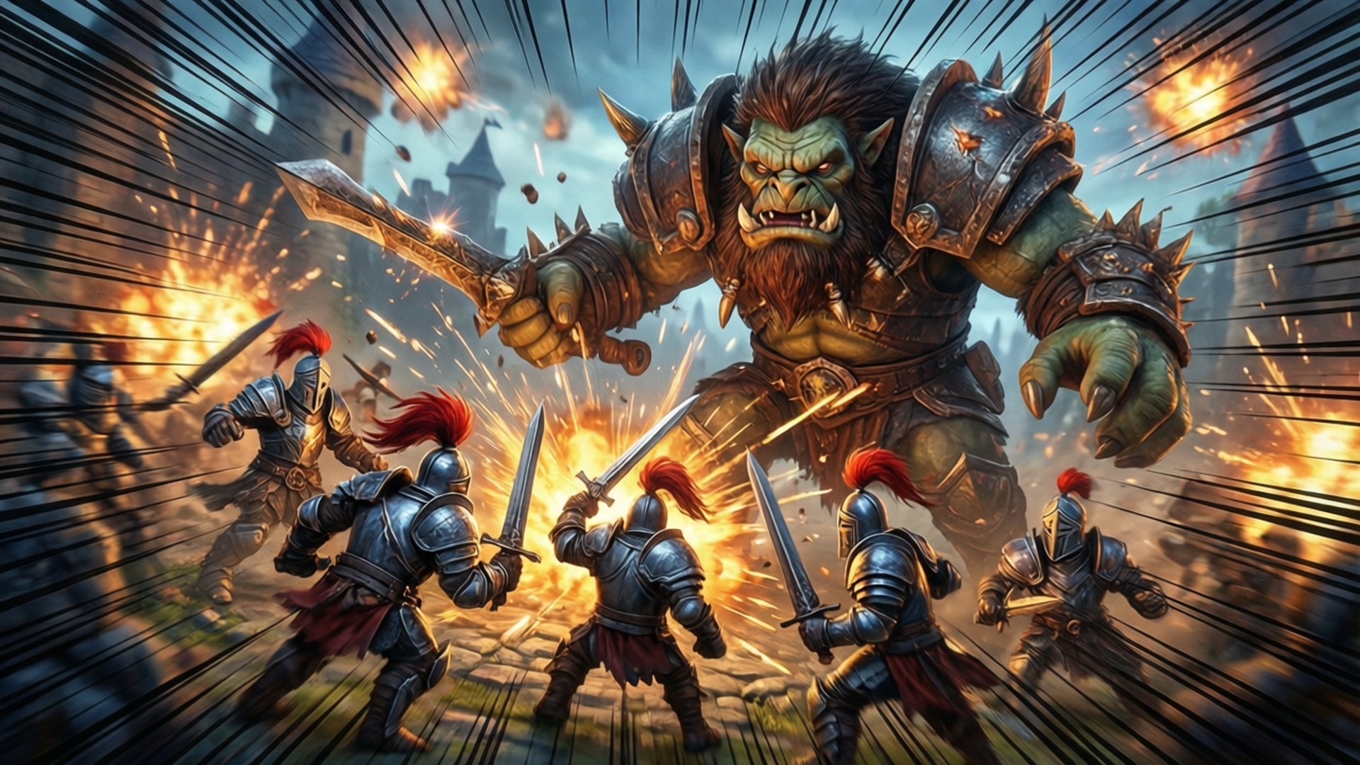 Boss Battle Chaos 壁紙 — 一個巨大的綠色獸人穿著尖刺盔甲，手持發光劍衝鋒，而五名戴紅色羽毛的盔甲騎士在火焰爆炸和城堡背景下反擊。
