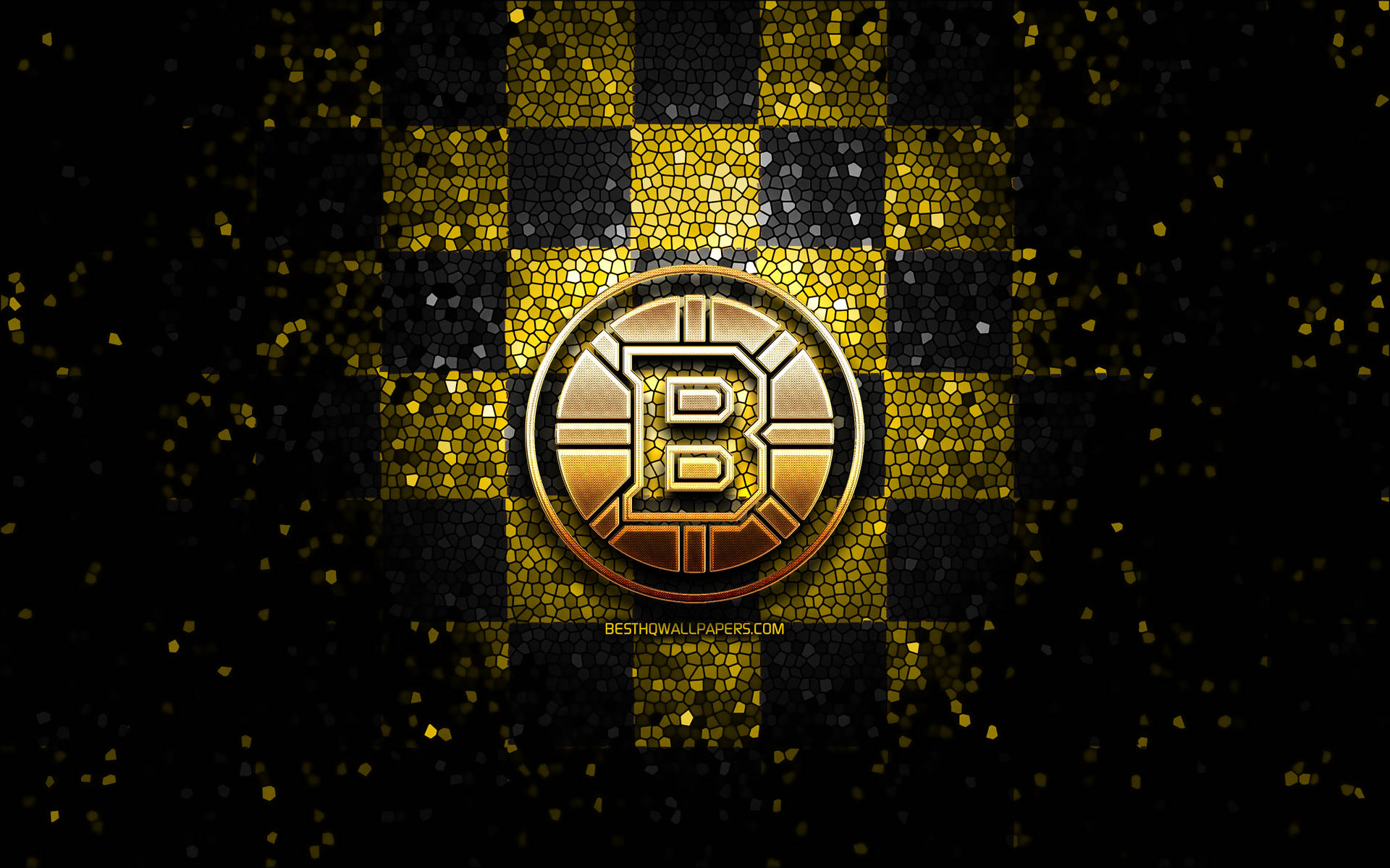 金色比特幣符號在黑金馬賽克背景上，帶有閃爍粒子。