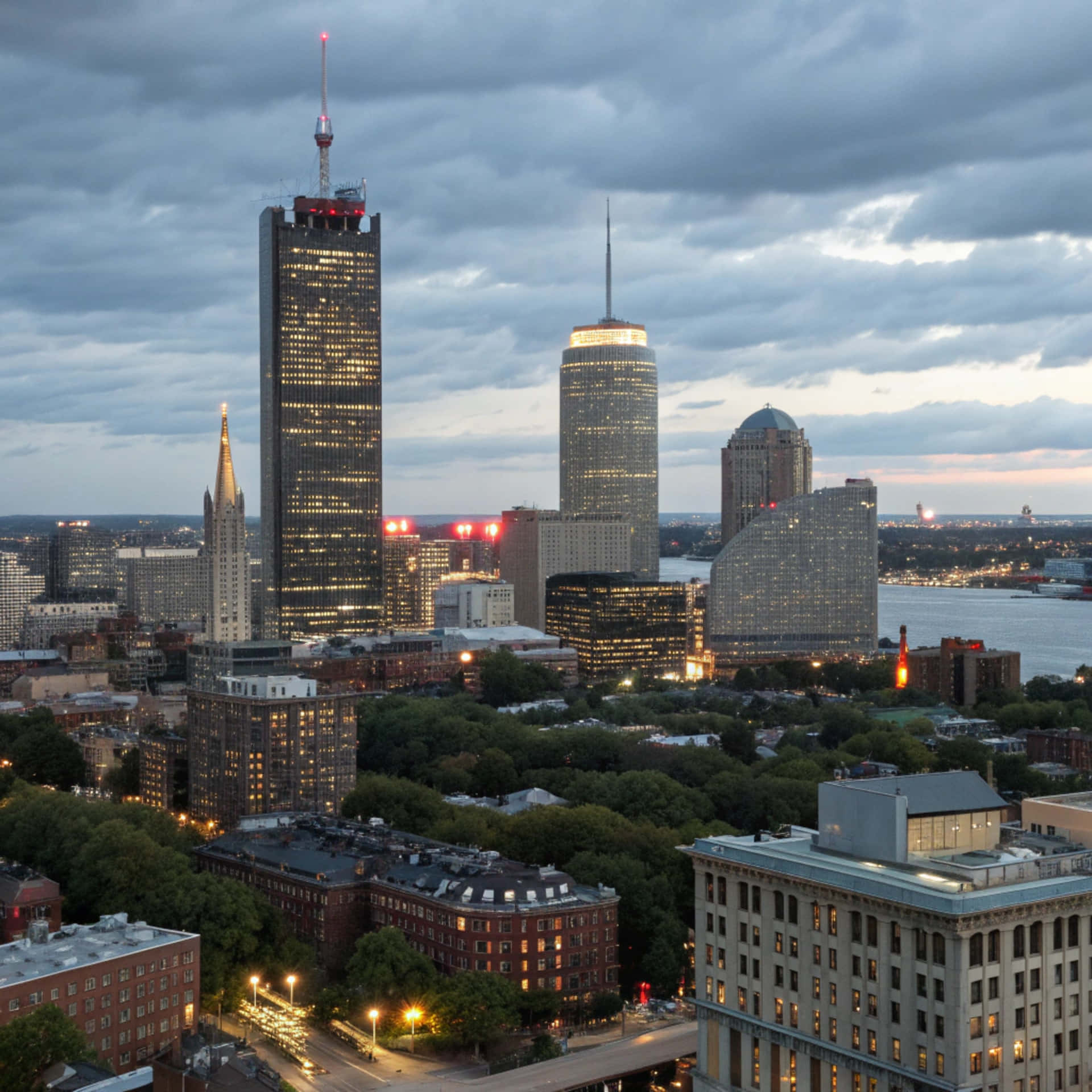Boston Skyline 壁紙 — 黃昏籠罩著密集的城市天際線，高聳的摩天大樓在陰沉的灰色天空中閃耀。