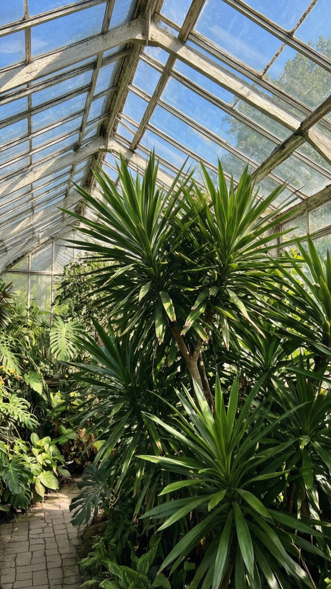 玻璃屋頂下溫室中的高大綠色植物與石徑