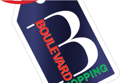 Boulevard Shopping 標誌 壁紙 — 一個傾斜的藍色購物標籤，上面有粗體白色、紅色和綠色文字，寫著 Boulevard Shopping，背景為黑色。