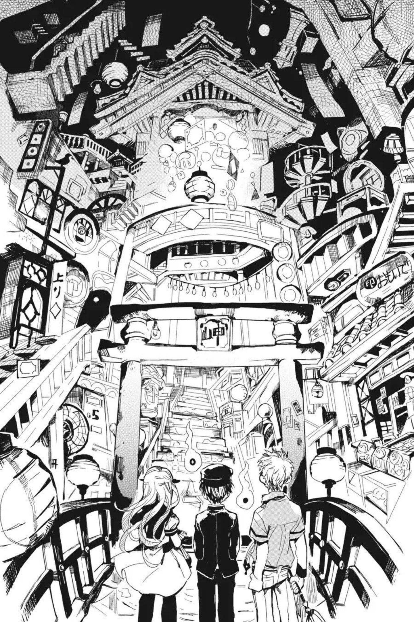 《廁所-bound 韓子君》奈奈與小宮 壁紙 — 三個人物站在一座高聳複雜的神社下方，背景是超現實的顛倒日本城市景觀，以細緻的黑白線條藝術呈現。