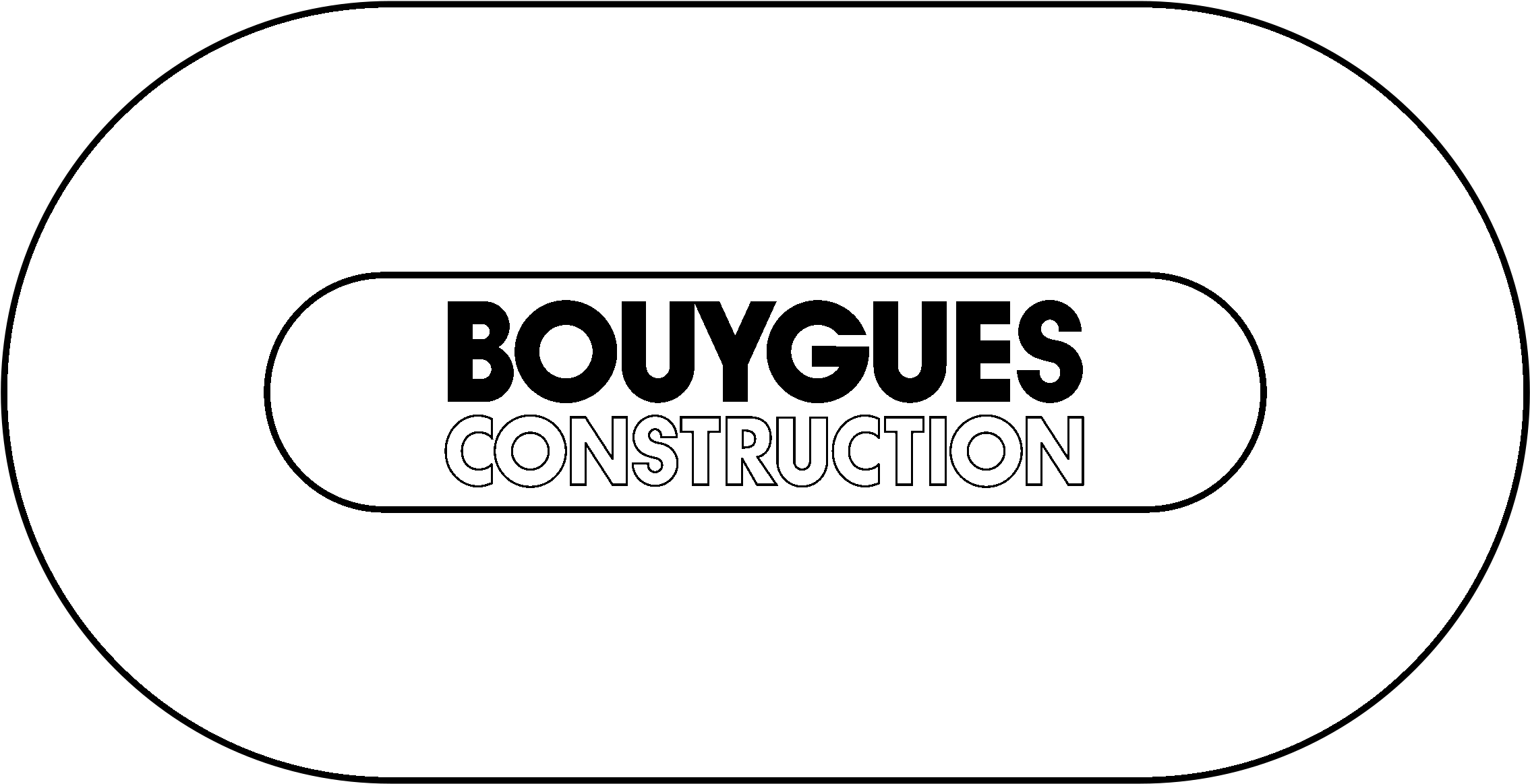 Bouygues 建築公司黑白標誌 壁紙 — 白色橢圓形背景上，圓角矩形內有粗體黑色文字 Bouygues Construction。