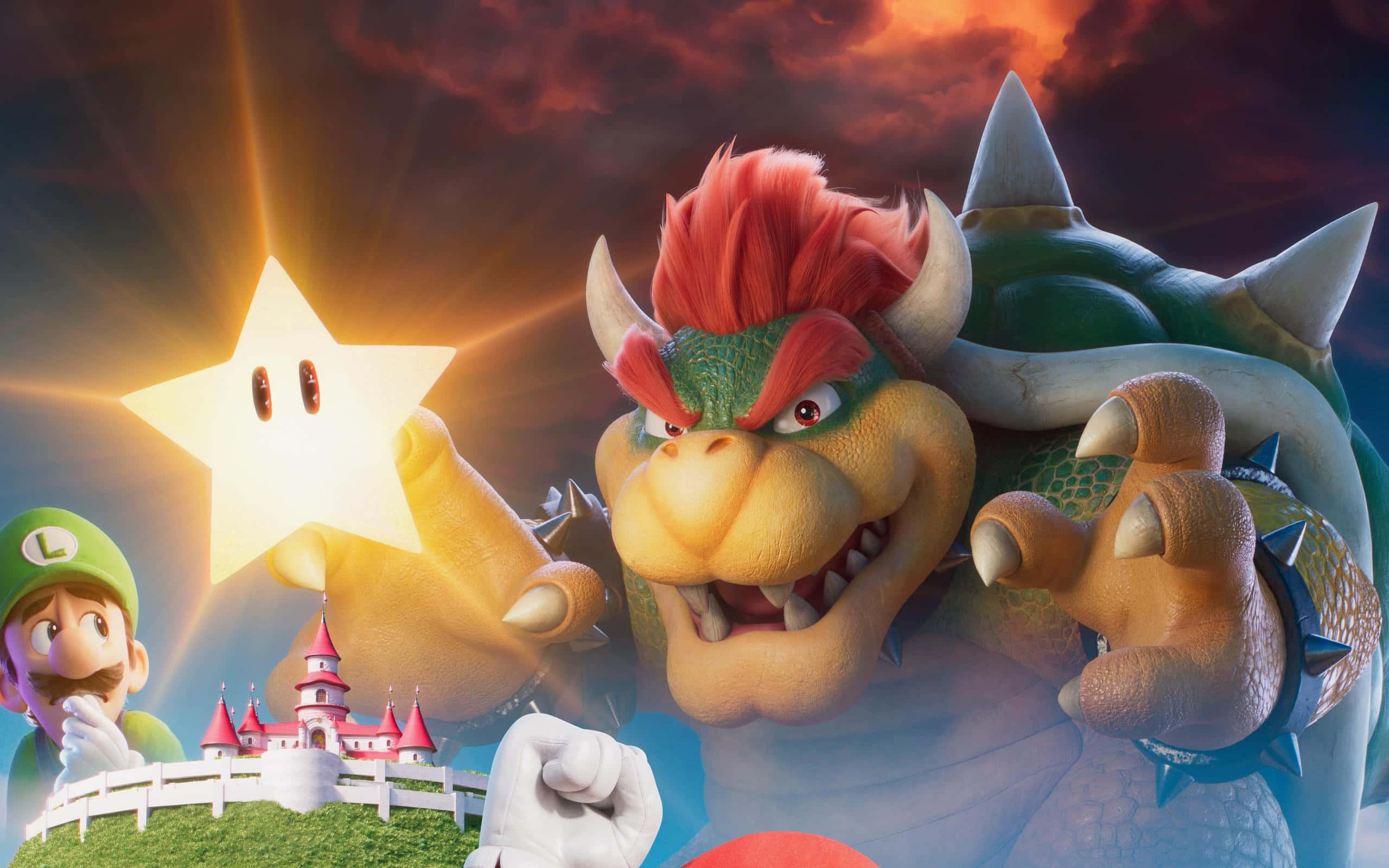Bowser 喺 2560 x 1600 壁紙上嘅史詩姿勢 壁紙 — Bowser抓住一顆發光的星星，而Luigi在城堡附近、火紅的天空下觀看。