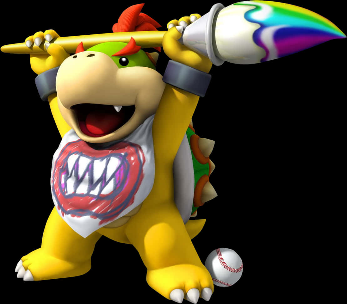 Bowser 棒球狂怒 壁紙 — 來自瑪利歐遊戲的庫巴Jr.在黑色背景前，帶著喜悅的表情拿著彩虹畫筆和棒球。
