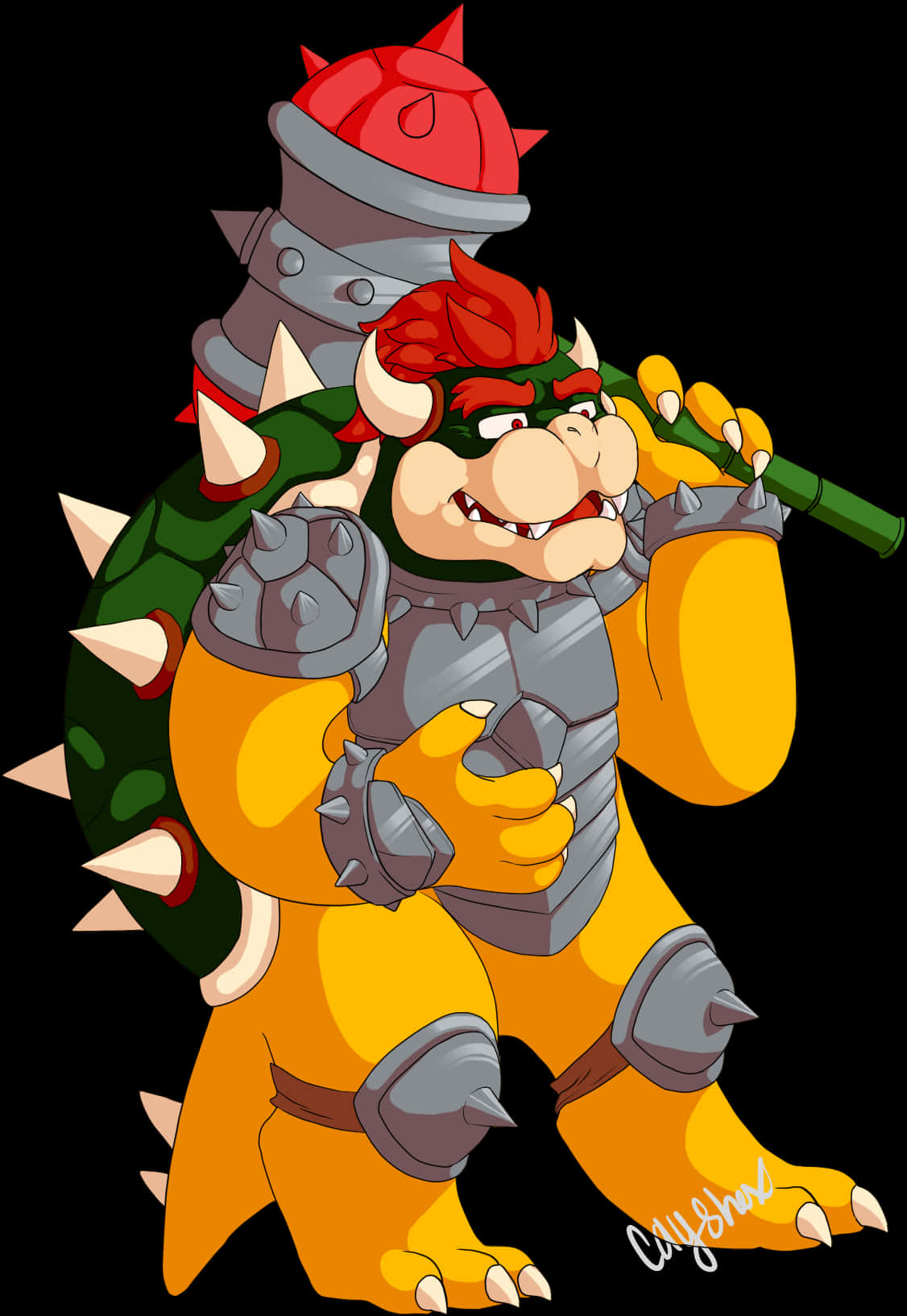 Bowser 粉絲藝術插畫 壁紙 — 一個身穿尖刺盔甲、威風凜凜的卡通龜王，在黑色背景前揮舞著綠色大砲。