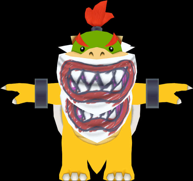 Bowser 卡通角色張嘴 壁紙 — 一個卡通風格的綠色恐龍角色，張開大嘴露出笑容，頭上有紅色莫西乾頭，站在黑色背景前。