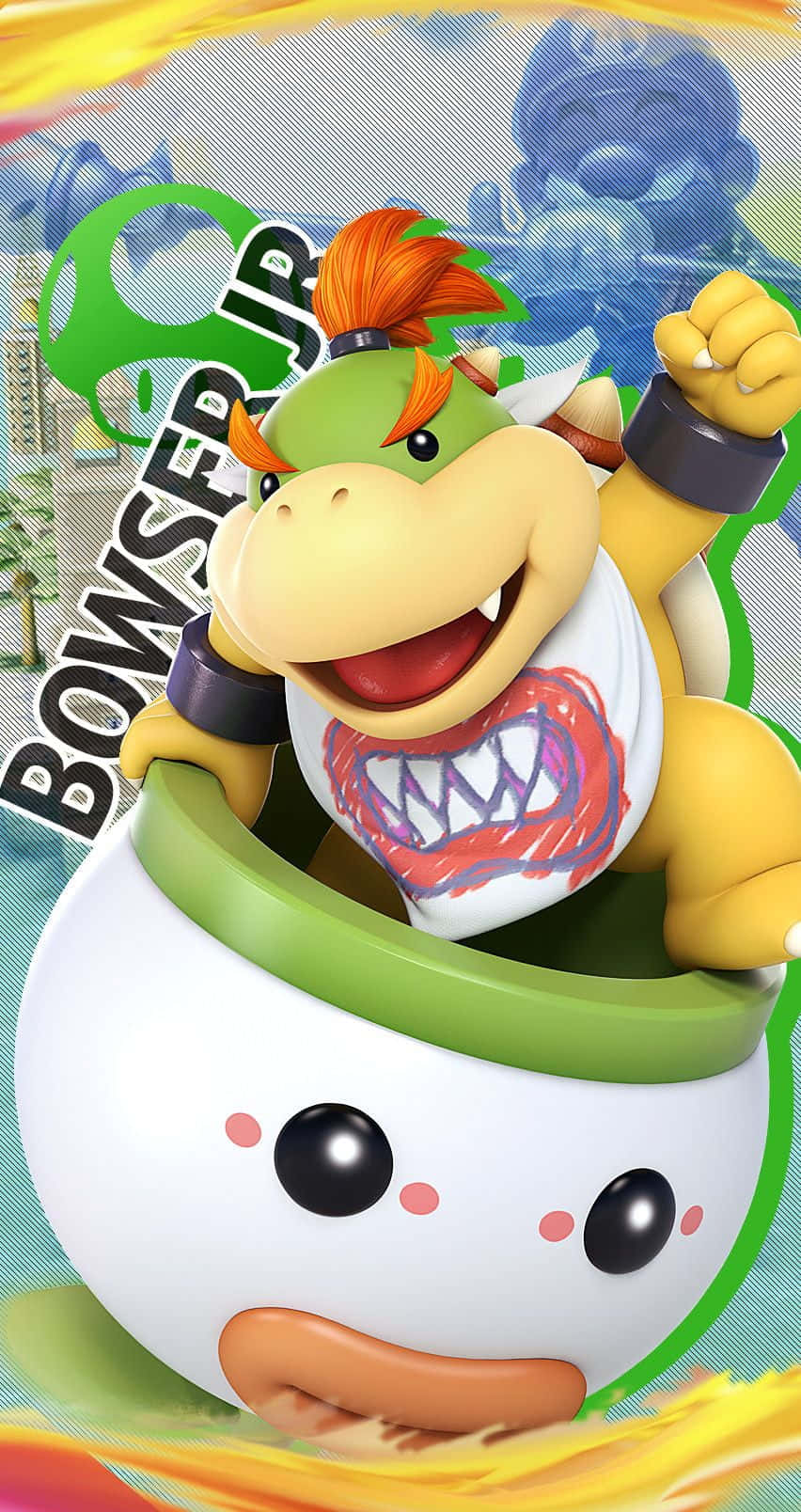Bowser Jr 桌布 壁紙 — Bowser Jr. 喺佢嘅Koopa Clown Car上得意洋洋咁笑，背景係充滿活力嘅風格化遊戲場景。
