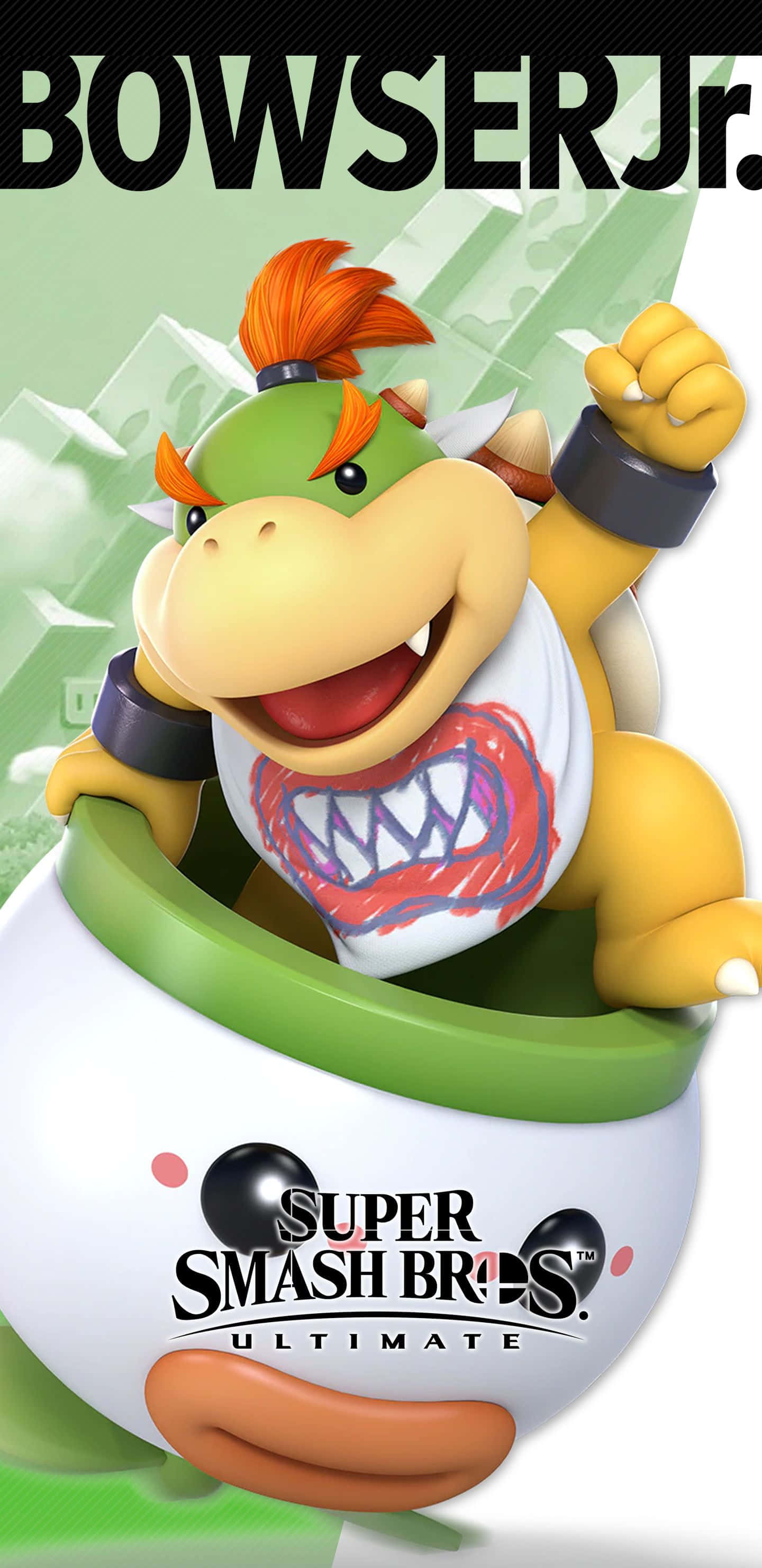 Bowser Jr 桌布 壁紙 — Bowser Jr. 喺充滿活力嘅 Super Smash Bros. Ultimate 宣傳圖片中，喺佢嘅綠色同白色外殼車上得意地咧嘴而笑。