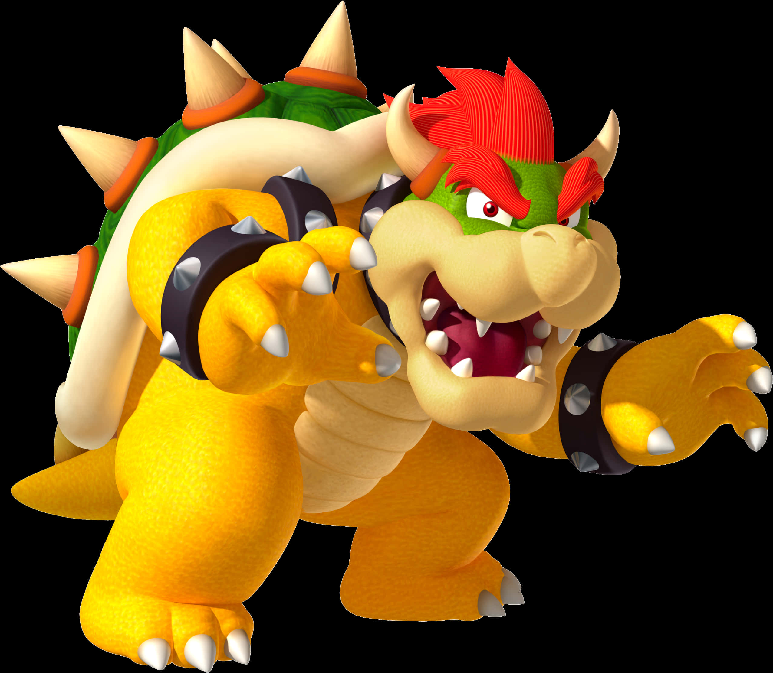 兇猛 Bowser 角色渲染 壁紙 — 一個帶有尖刺殼和爪子的威脅性3D渲染庫巴，在黑色背景上向前猛撲。