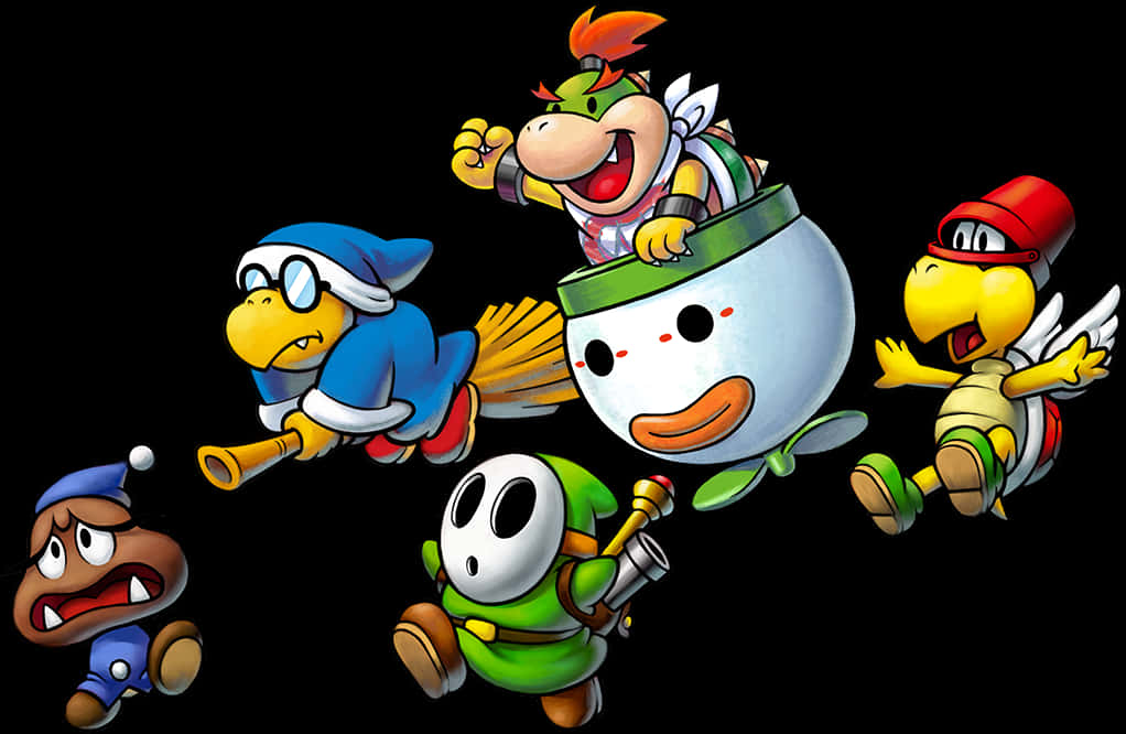 Bowser 的小弟插畫 壁紙 — 五隻色彩繽紛的Koopa Troopas和一個Koopa Kid在黑色背景上擺出動態姿勢。