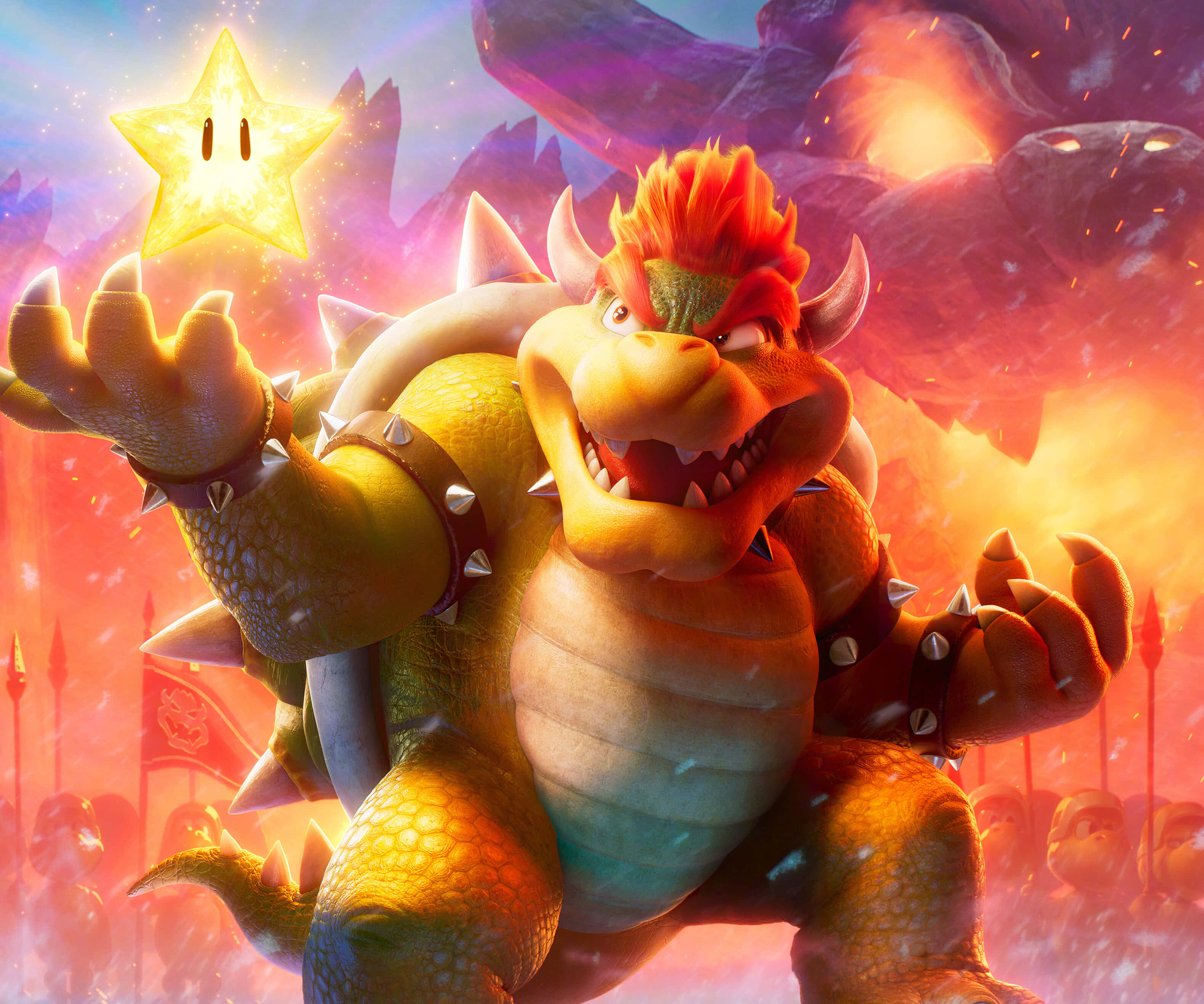 bowser 桌布 壁紙 — Bowser 勝利地咆哮，手持發光星星，背景是熾熱的火山，下方有士兵。