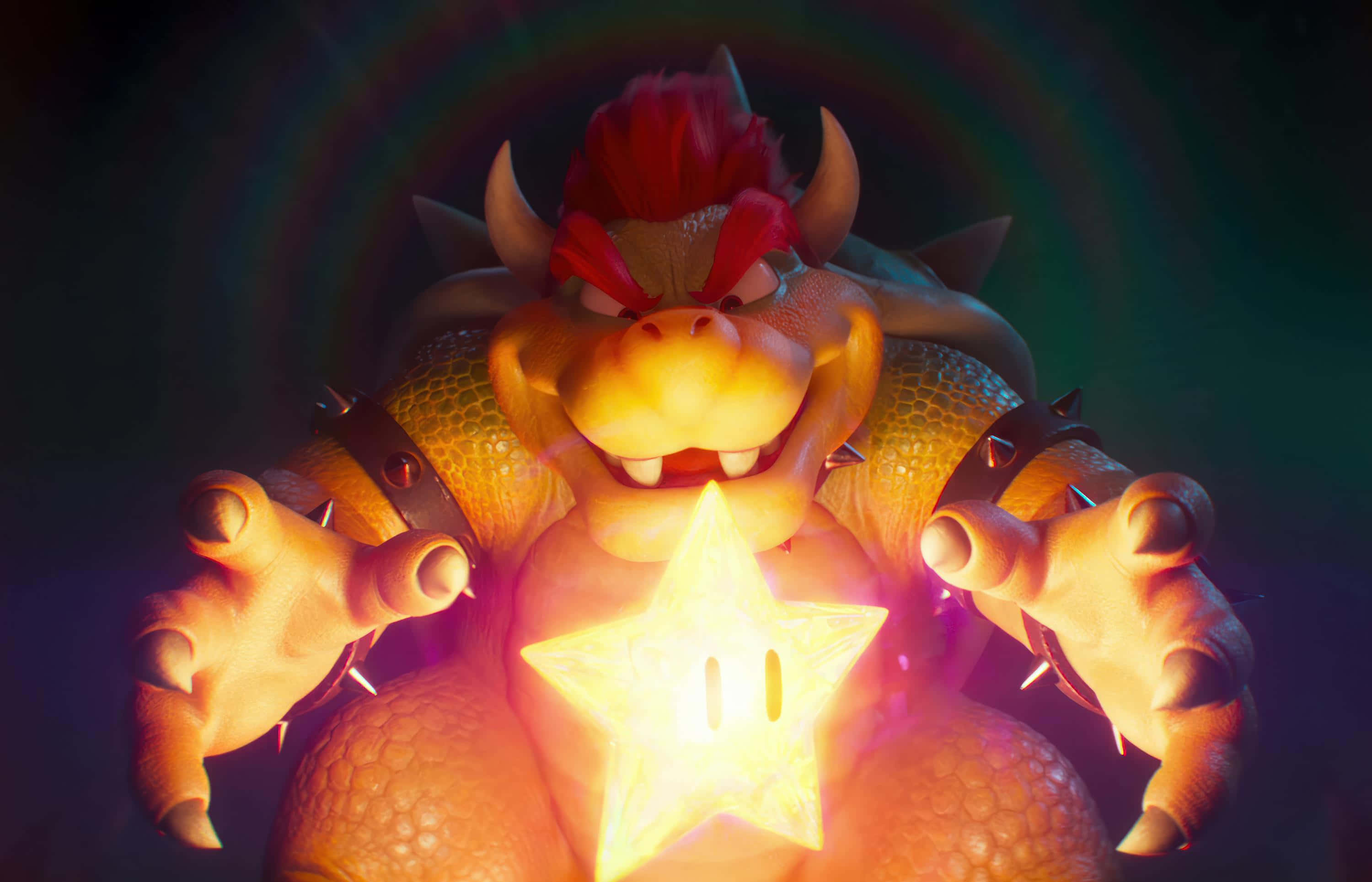 bowser 桌布 壁紙 — Bowser 喺黑暗漩渦背景中，用兇猛嘅眼神揸住一粒發光嘅星星。