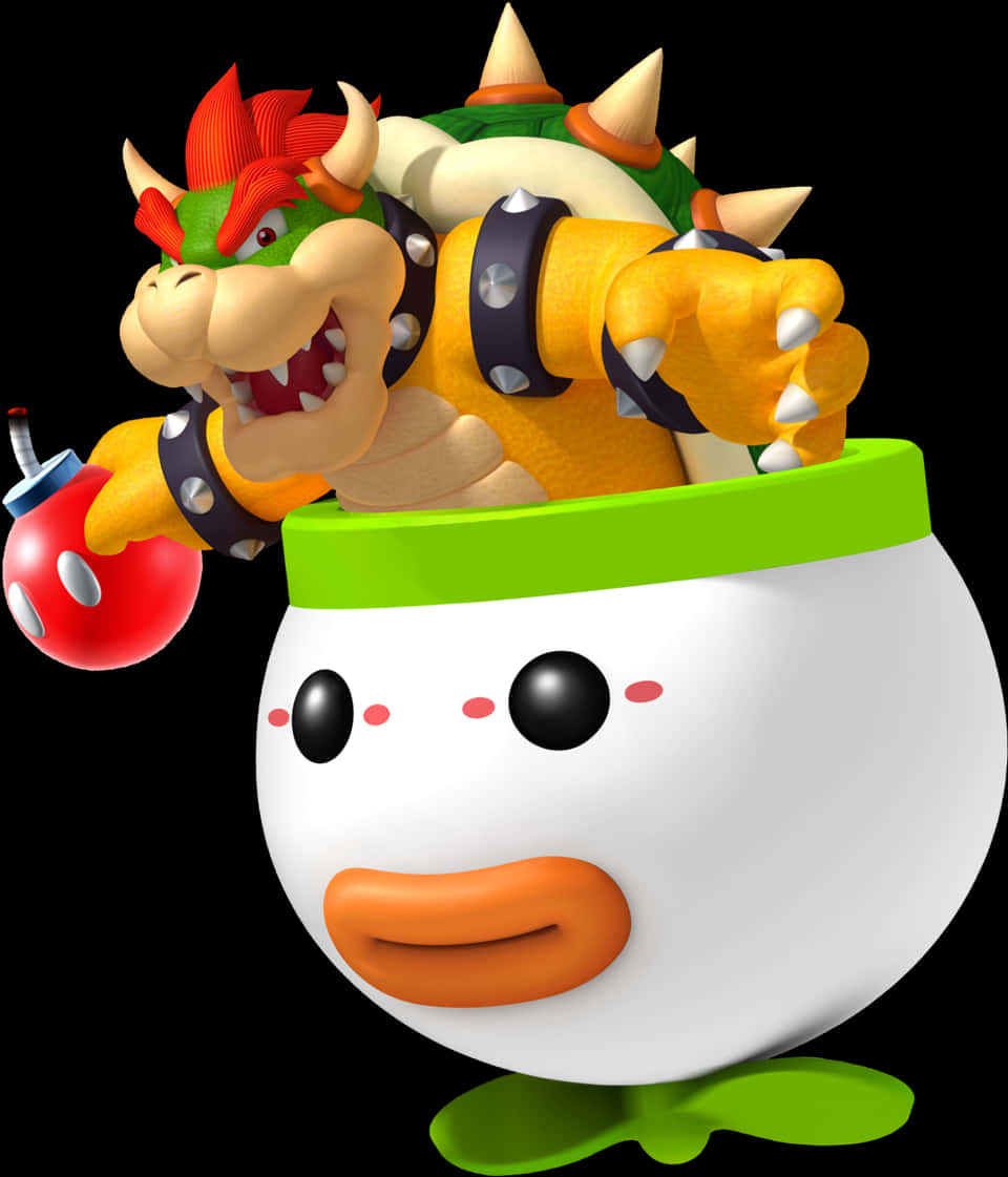 Bowser 從一個微笑的雞蛋中跳出，手持炸彈。 — 馬力歐 壁紙