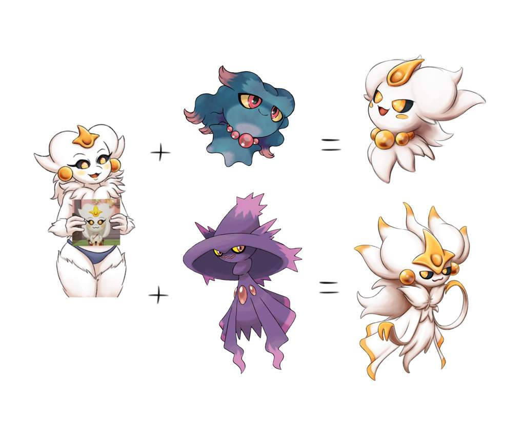 Bowsette 與 Misdreavus 的進化想像 壁紙 — 兩隻動漫風格嘅寶可夢通過加號結合，形成兩隻帶有金色點綴嘅全新毛茸茸白色生物。