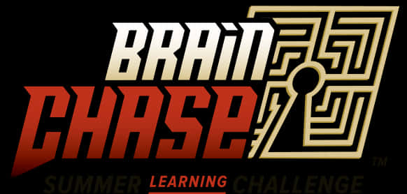 Brain Chase 夏季學習挑戰標誌 壁紙 — 黑色背景上帶有金色迷宮圖標的大膽紅白「BRAIN CHASE」標誌，推廣夏季學習挑戰。