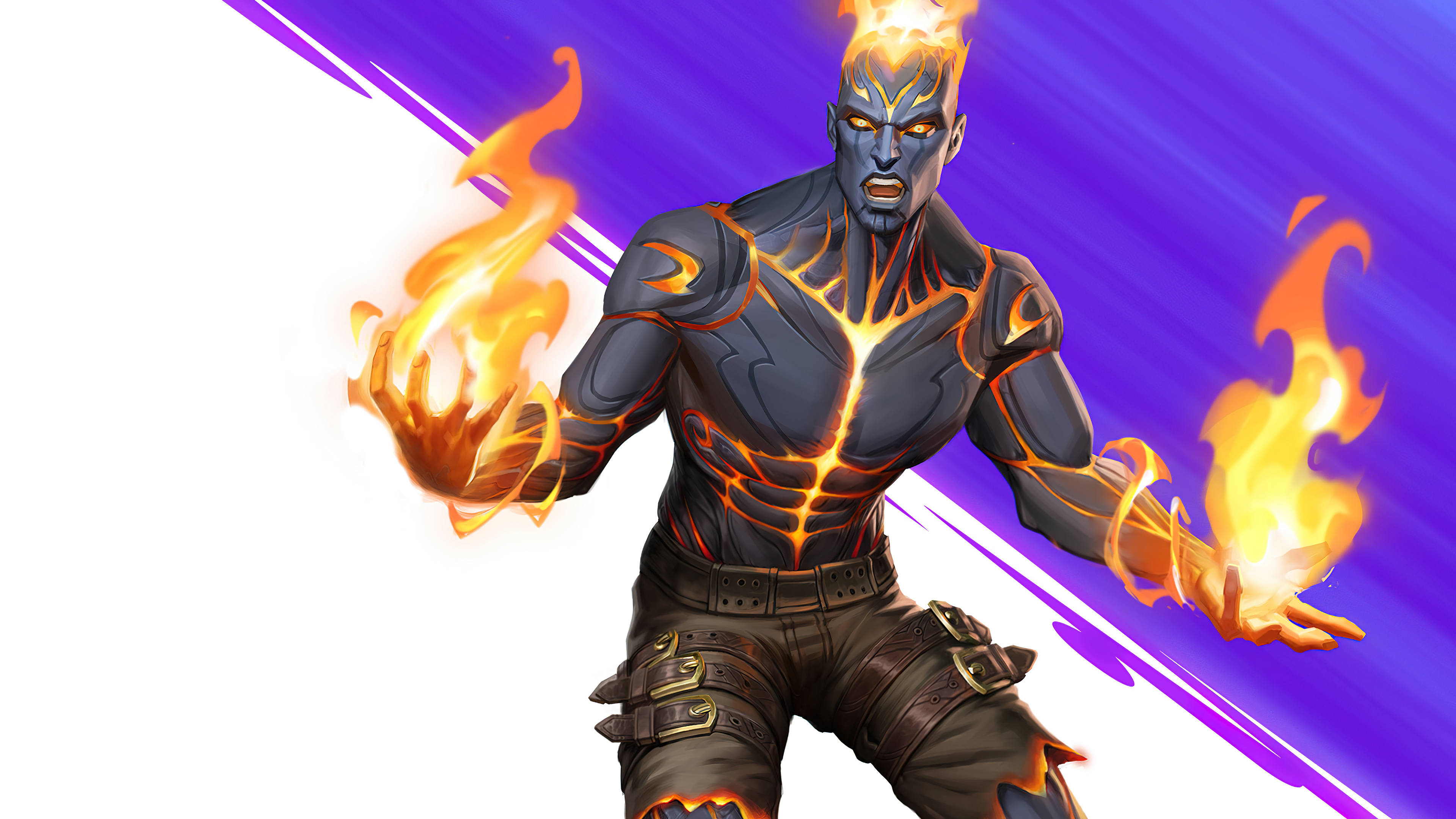 Brand LoL Wild Rift 壁紙 — 一個藍皮膚的火焰超級英雄，從他的手和頭部噴發出熾熱的橙色火焰，背景是充滿活力的紫色和白色。
