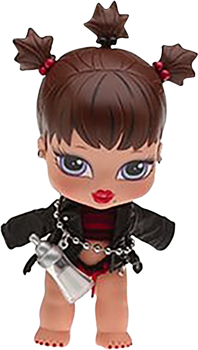 Bratz 玩偶穿黑色服裝持瓶 壁紙 — 一個棕色頭髮、紮著星形雙馬尾的Q版人偶，穿著黑色皮夾克，並戴著鏈條，鏈條上掛著一支注射器。