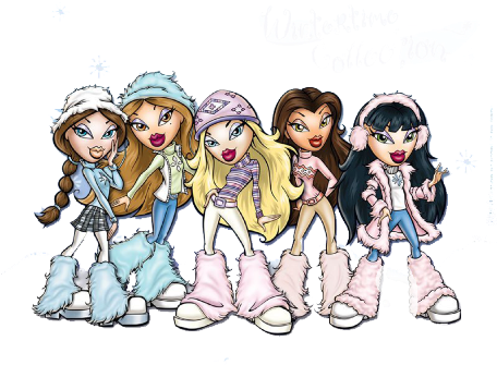 Bratz冬季系列玩偶 壁紙 — 五個風格化的動漫女孩穿著冬季裝備，在黑色背景前擺姿勢，背景有雪花和「Wintertime Collection 2010」文字。