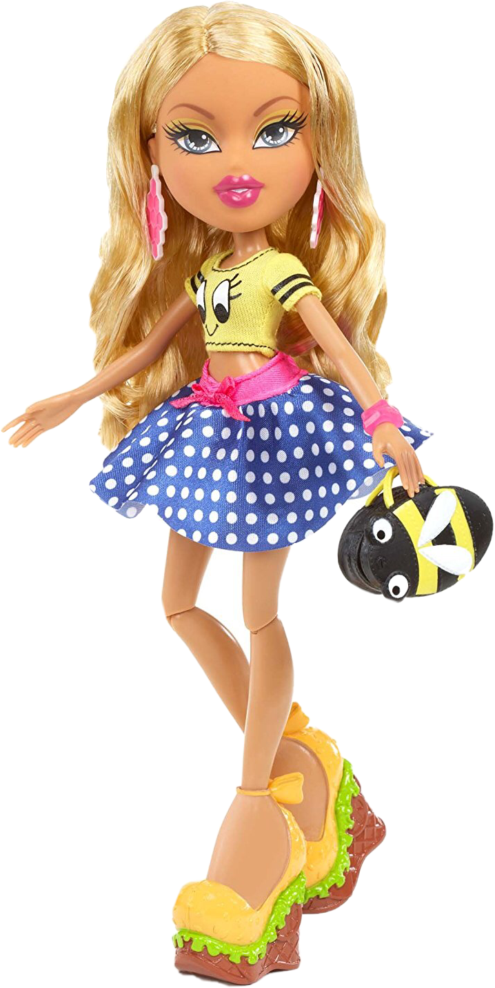 身穿波點裙的Bratz娃娃 壁紙 — 一個金髮的 Bratz 公仔穿著黃色上衣、藍色波點裙和巨型三文治鞋，同時拿著一個蜜蜂手袋。