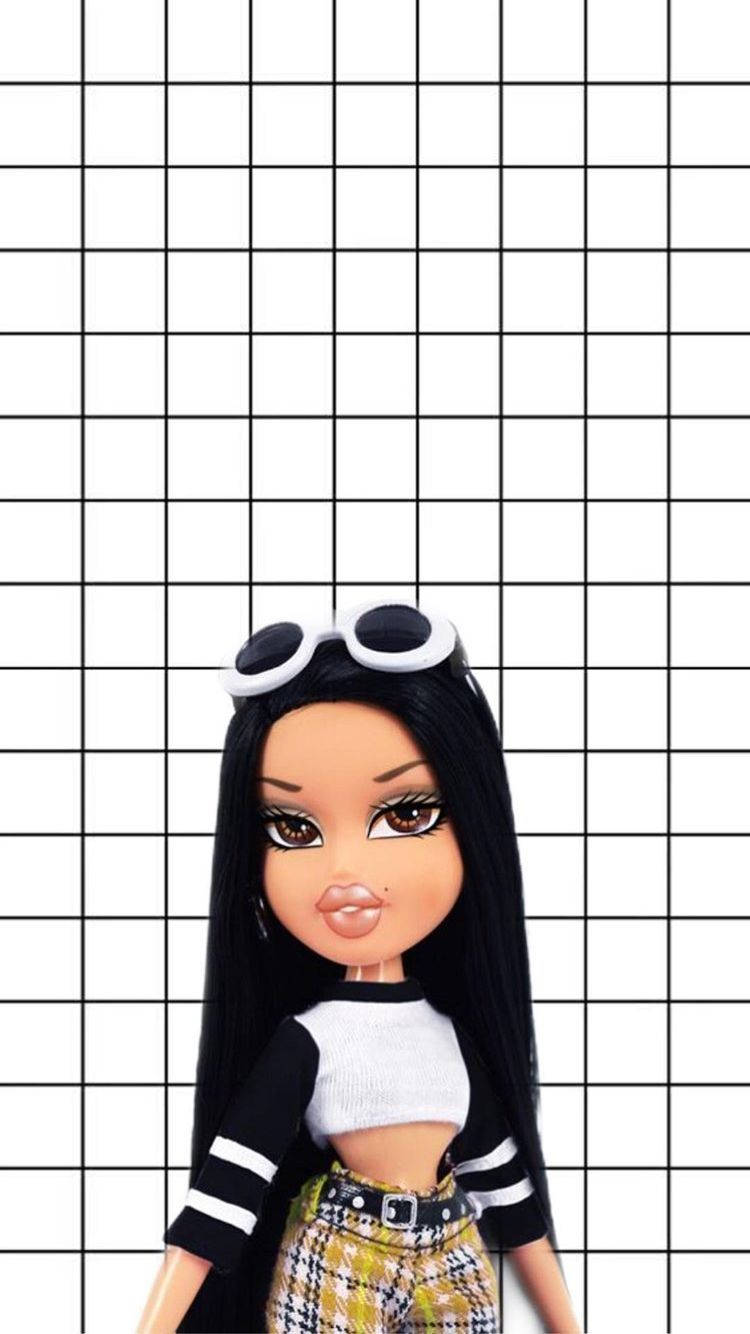 Bratz Ciara格子背景寫真 壁紙 — 一個長著黑色長髮、頭上戴著太陽眼鏡的 Bratz 公仔，站在鮮明的黑白網格背景前。