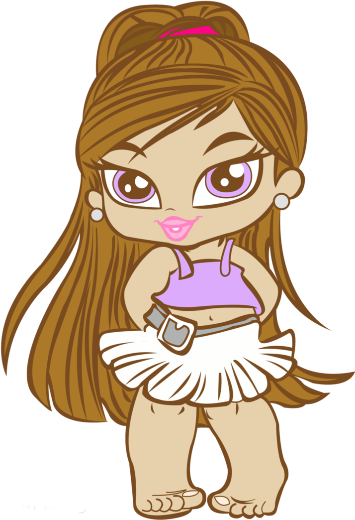 Bratz娃娃啦啦隊造型 壁紙 — 一個棕色頭髮高馬尾的Q版動漫女孩，穿著紫色上衣和白色荷葉邊裙子，站在黑色背景前。