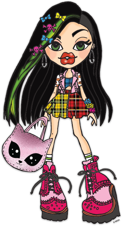 Bratz娃娃與寵物貓插畫 壁紙 — 一個風格化的卡通女孩，帶有綠色條紋頭髮和骷髏頭飾品，穿著格子裙和粉紅色靴子，手持一個粉紅色貓形手袋。