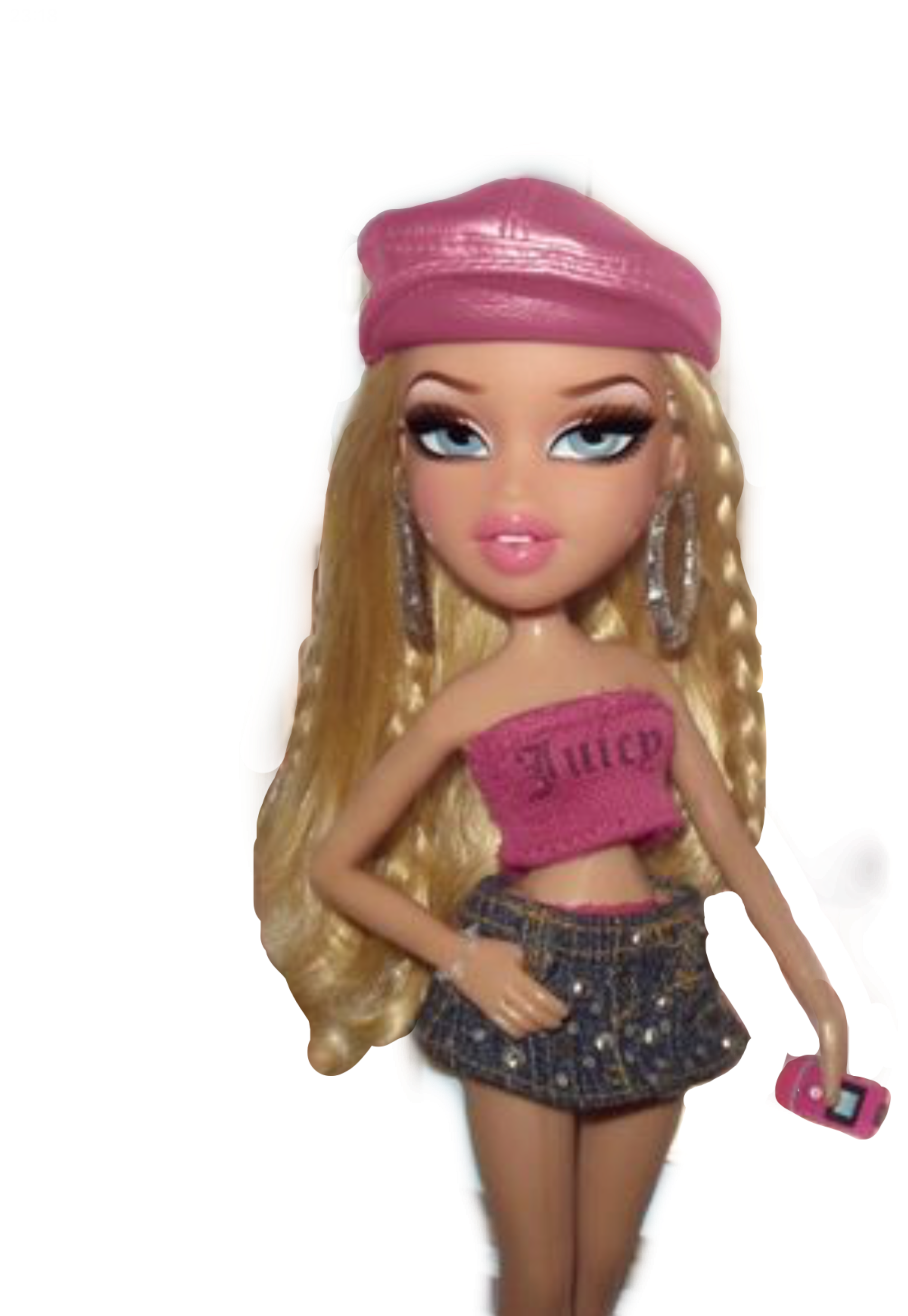 身穿粉紅與牛仔服飾的Bratz娃娃 壁紙 — 一個長著金色長髮的 Bratz 娃娃，戴著粉紅色貝雷帽和露臍上衣，在黑色背景前拿著粉紅色手機。